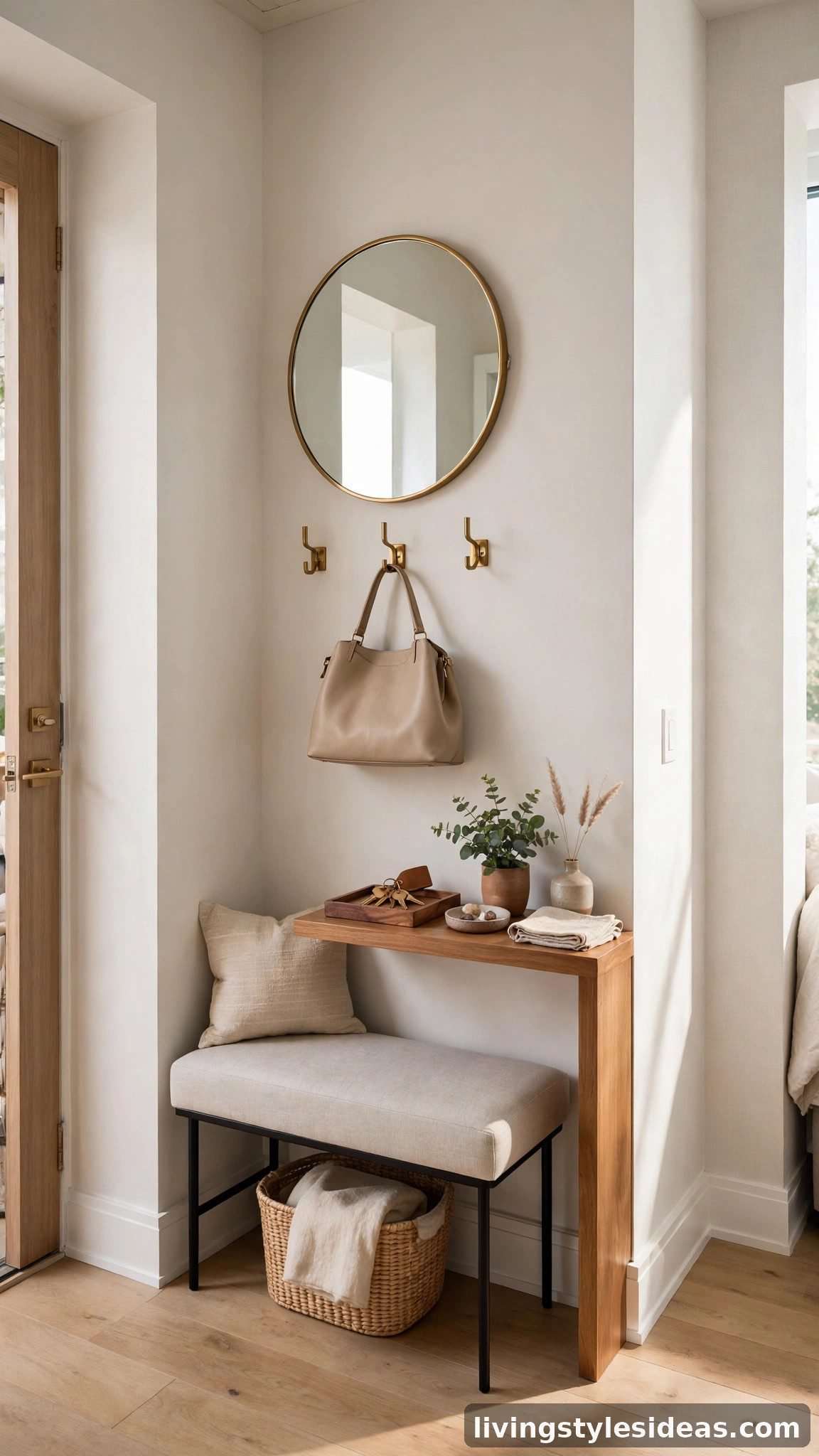 Mini entryway drop zone with upholstered bench and round mirror in a studio