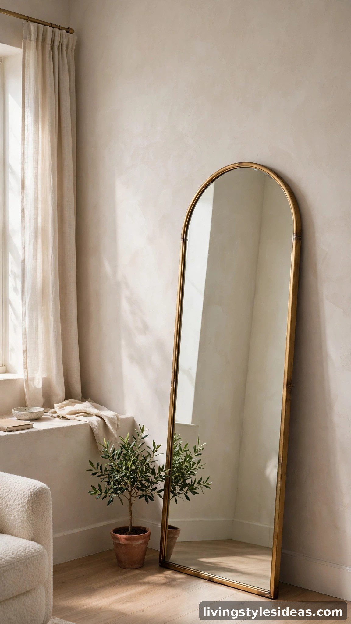 Tall arched floor mirror leaning in a chic studio corner with a plant