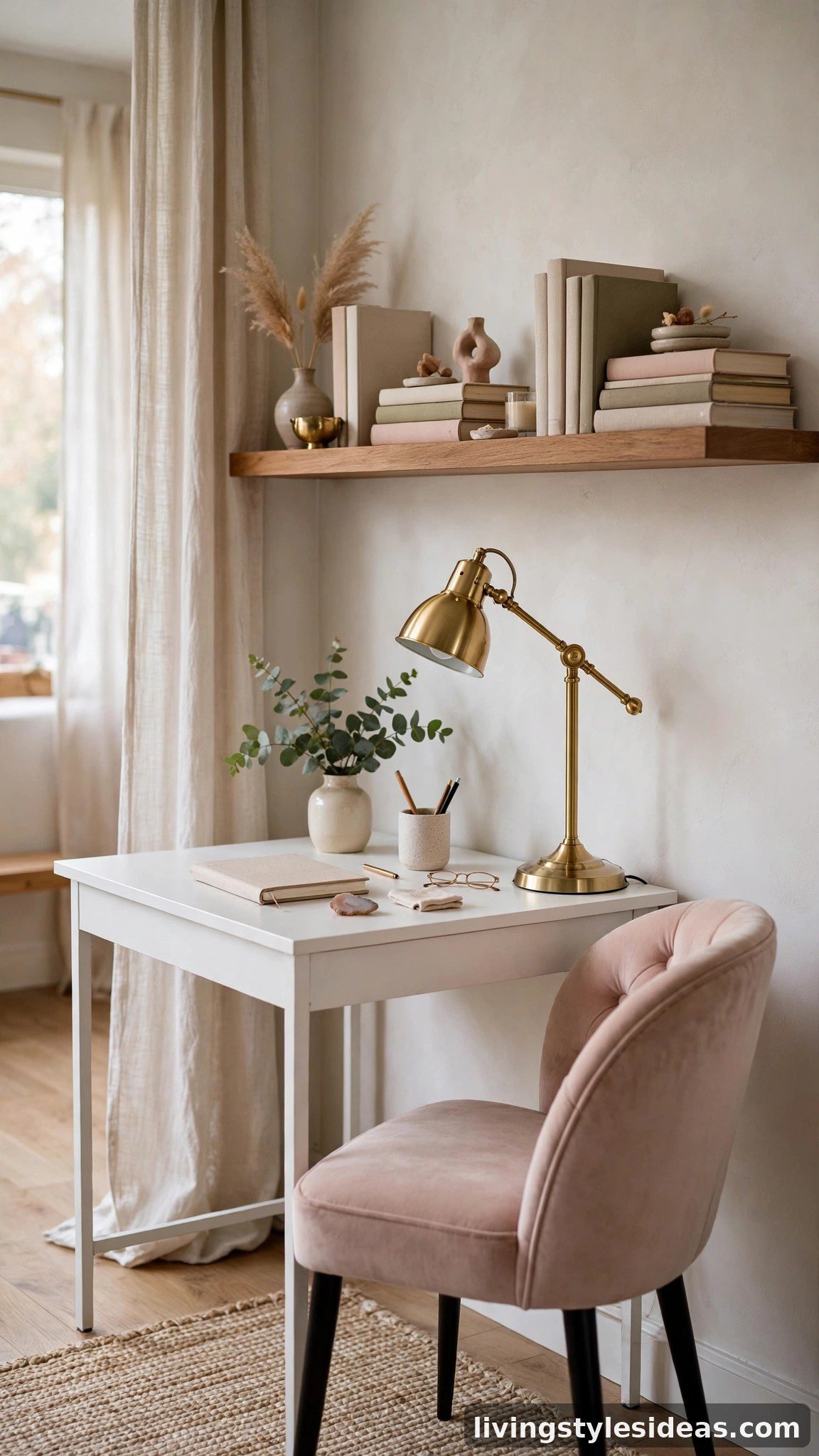 Chic work corner with slim desk and upholstered chair in a studio apartment