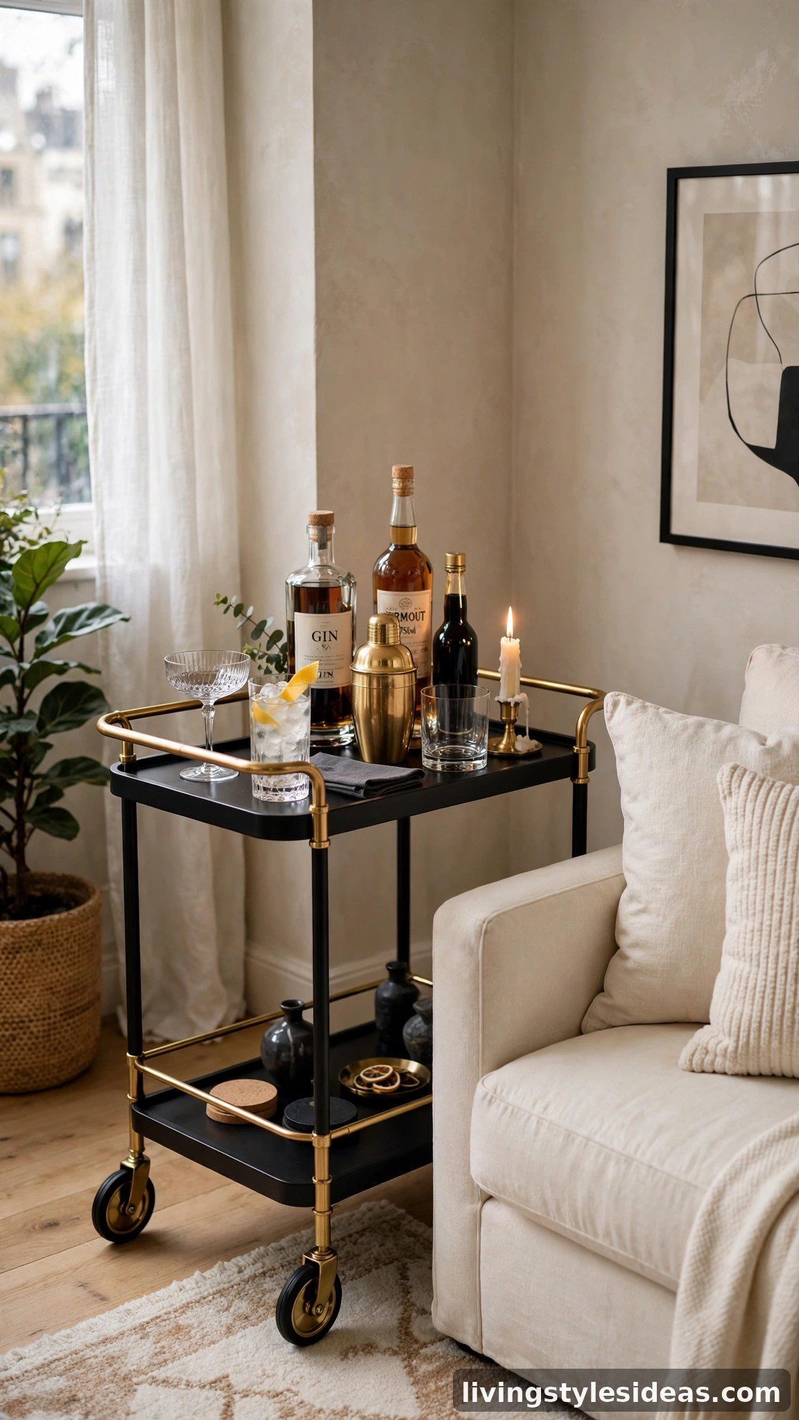 Black and brass bar cart styled with glassware in a chic studio corner