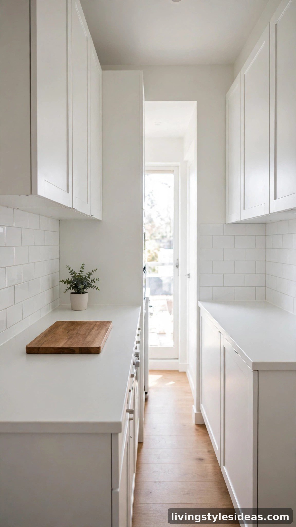 Compact galley kitchen with clear counters and white cabinets in a studio apartment