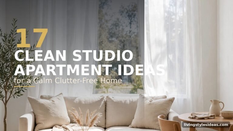 Clean studio apartment with white walls, rug-defined zones and minimal styling
