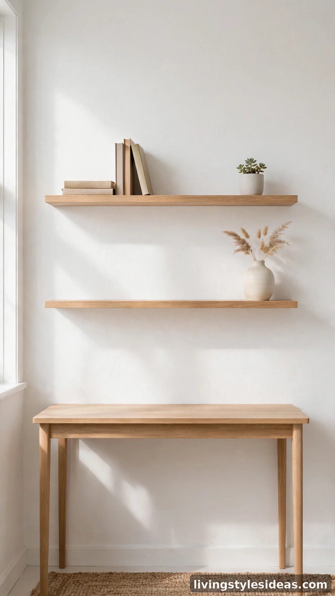 Light wood floating shelves styled minimally in a clean white studio apartment