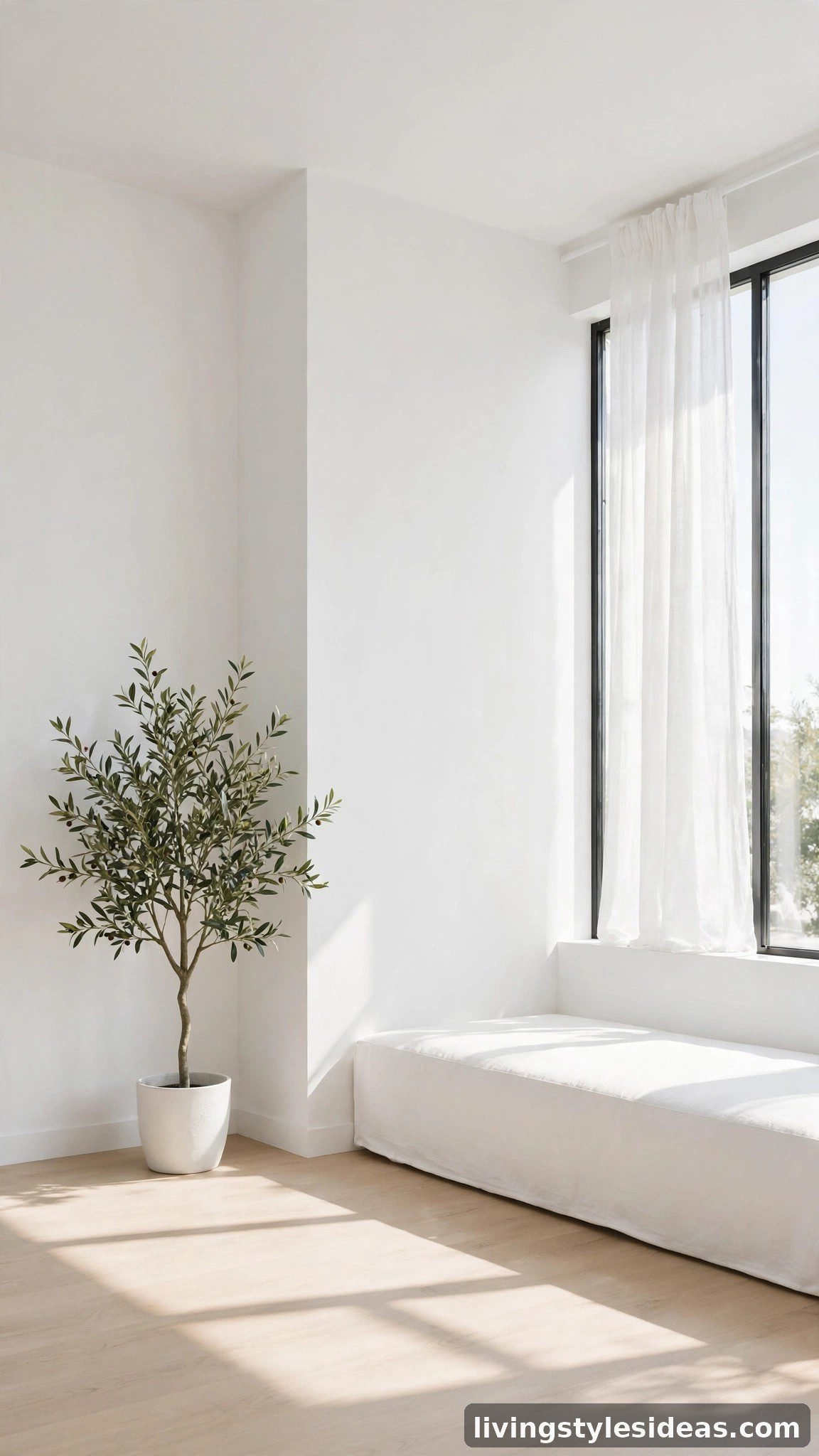 Single olive tree in a simple pot adding green to a minimal white studio apartment