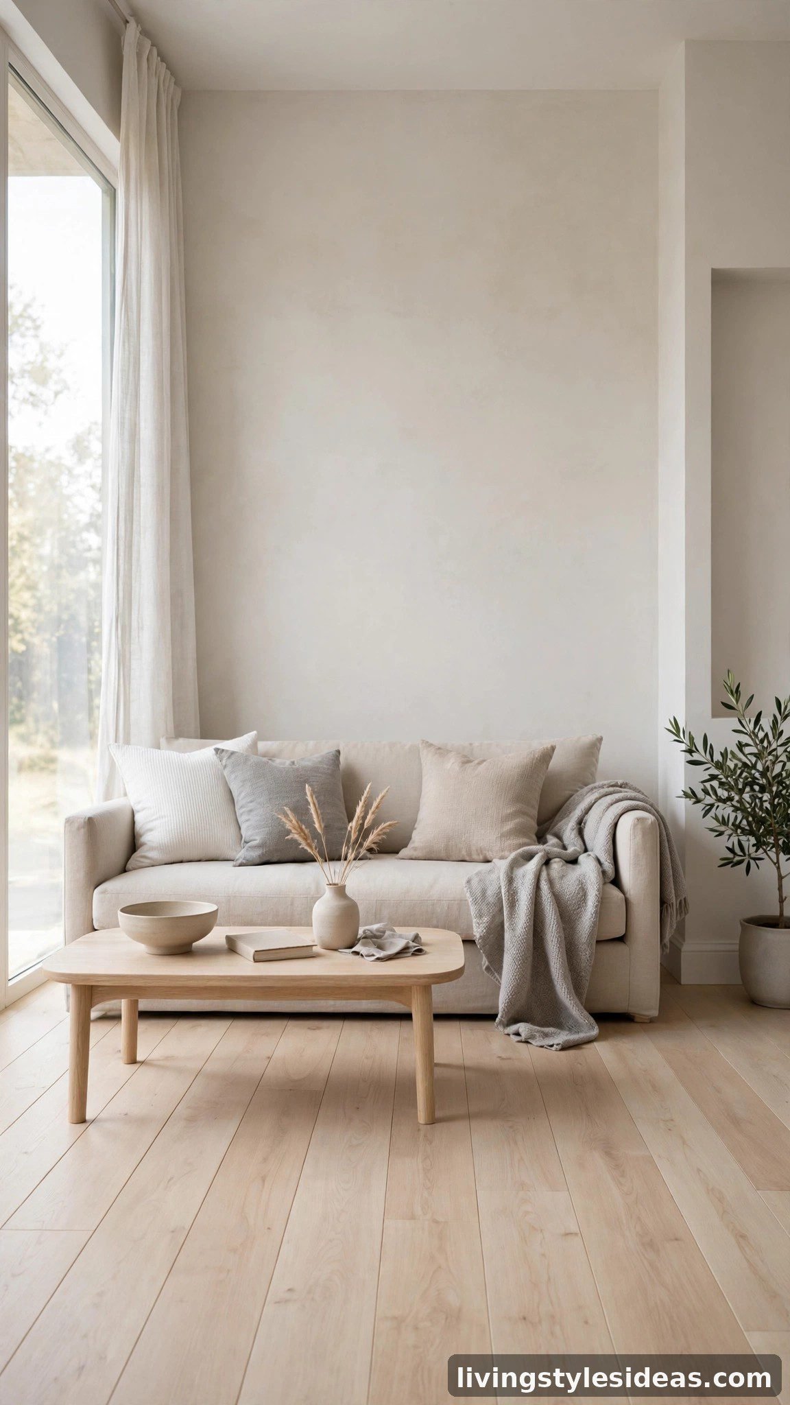 Minimal sofa styled with cushions and throw in a strict white beige gray palette