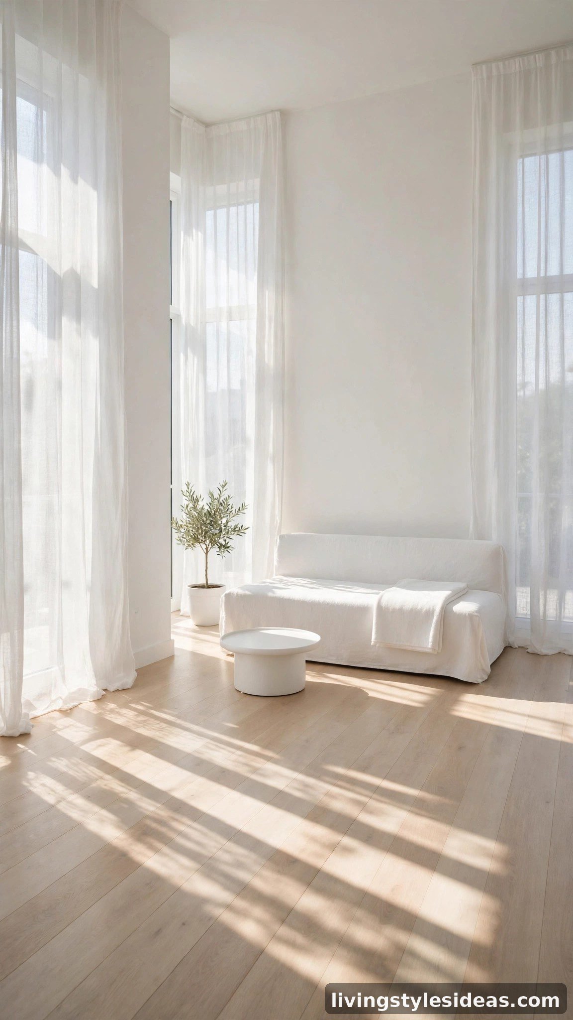 Bright all-white studio apartment with sheer curtains and airy daylight