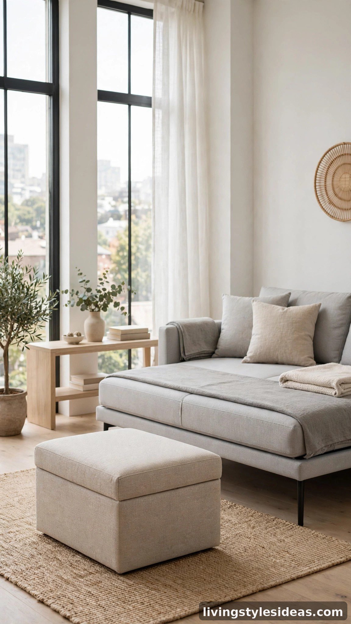 Studio apartment living area with beige storage ottoman and modern sofa bed