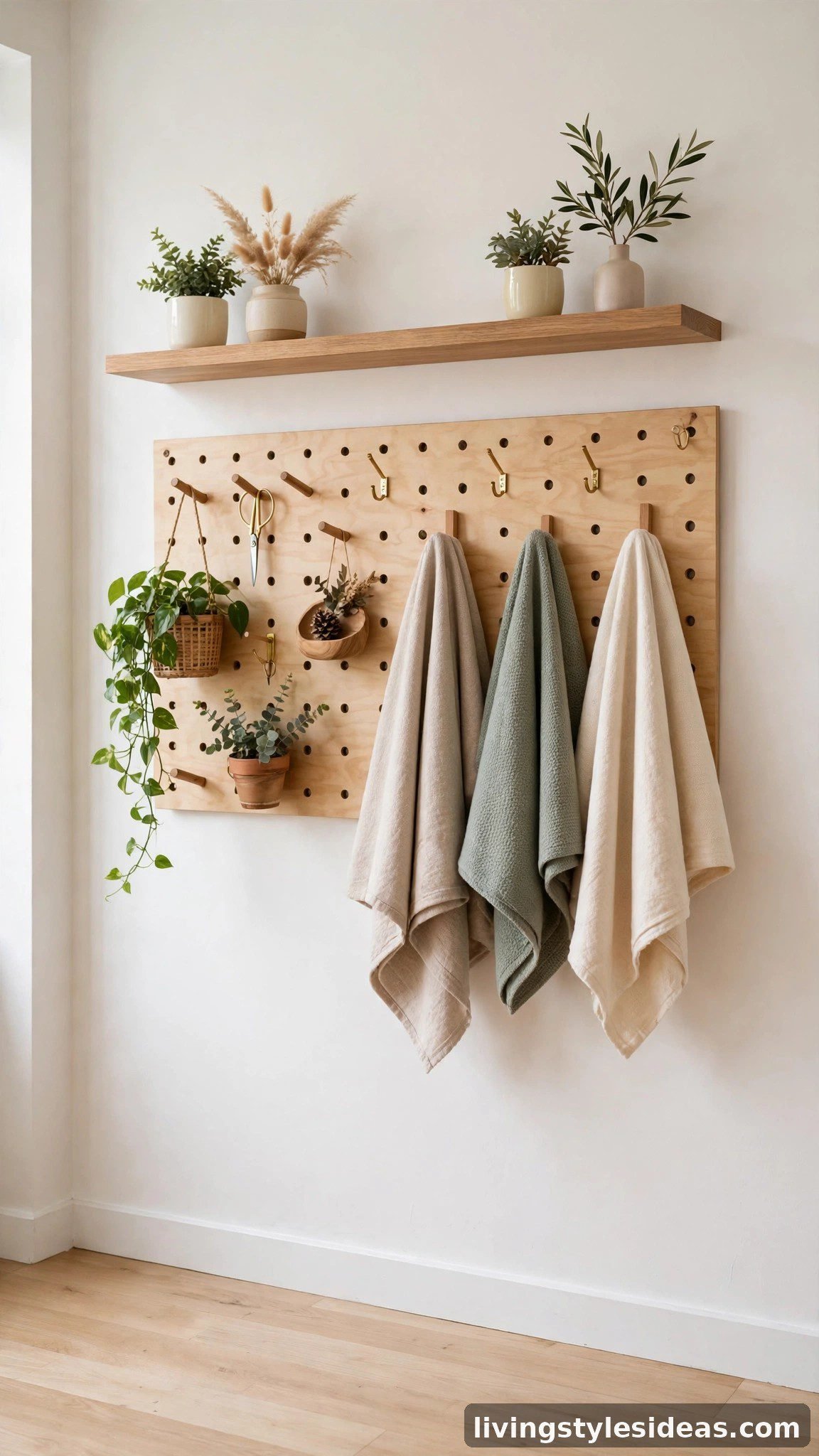 Studio apartment wall with floating shelves, pegboard and hooks keeping the floor clear