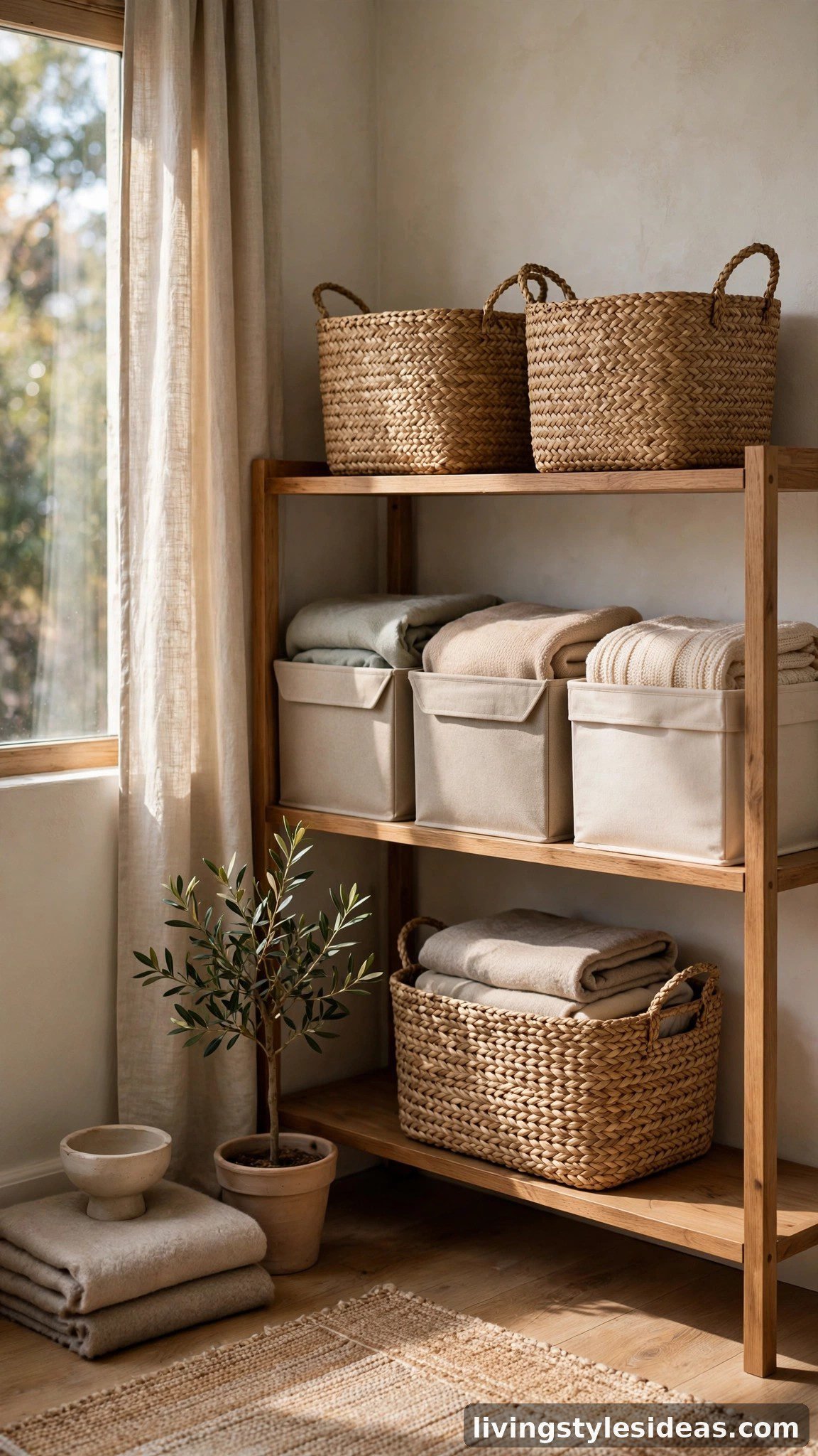 Woven baskets and neutral bins organizing an open shelf in a studio apartment