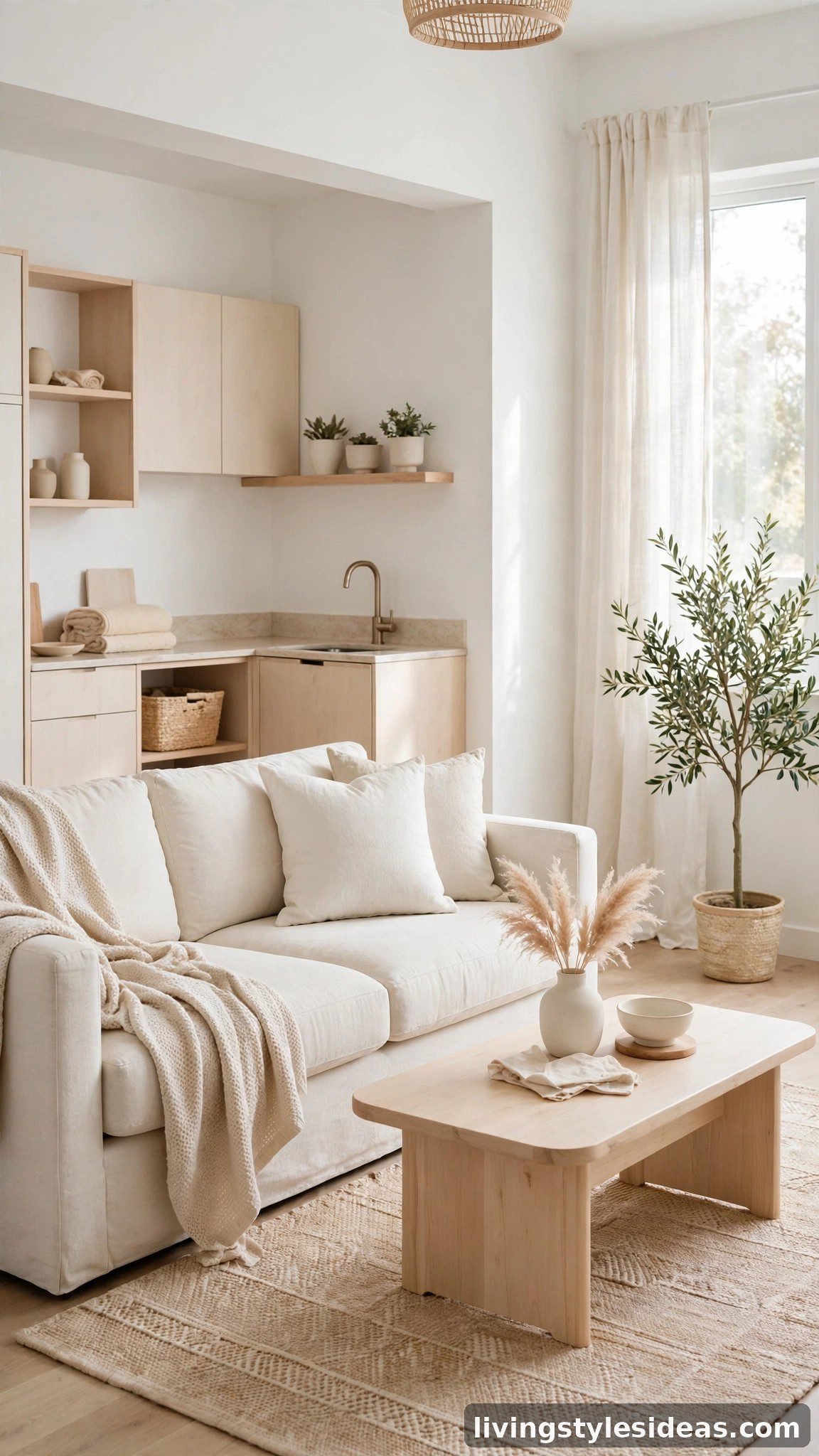 Studio apartment in a light cohesive palette of white, cream and pale wood