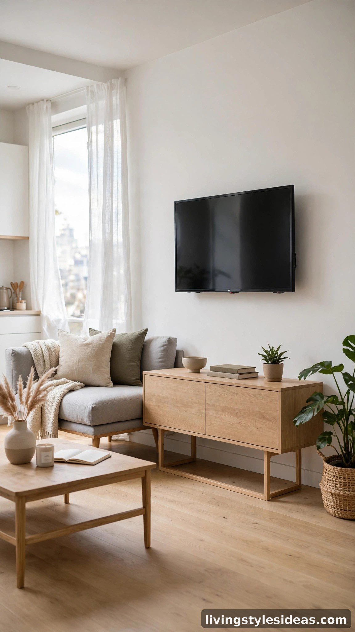 Wall-mounted TV and floating-leg furniture freeing up floor space in a studio
