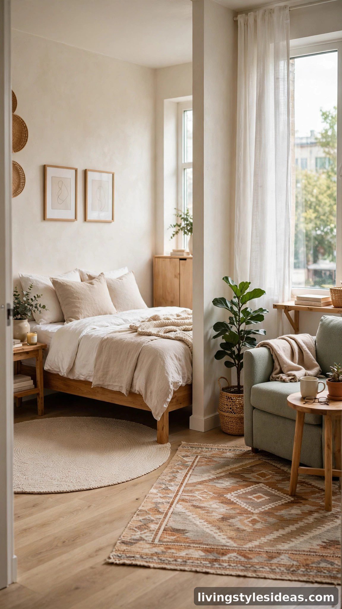 Studio apartment divided into zones with rugs for the bed and reading areas