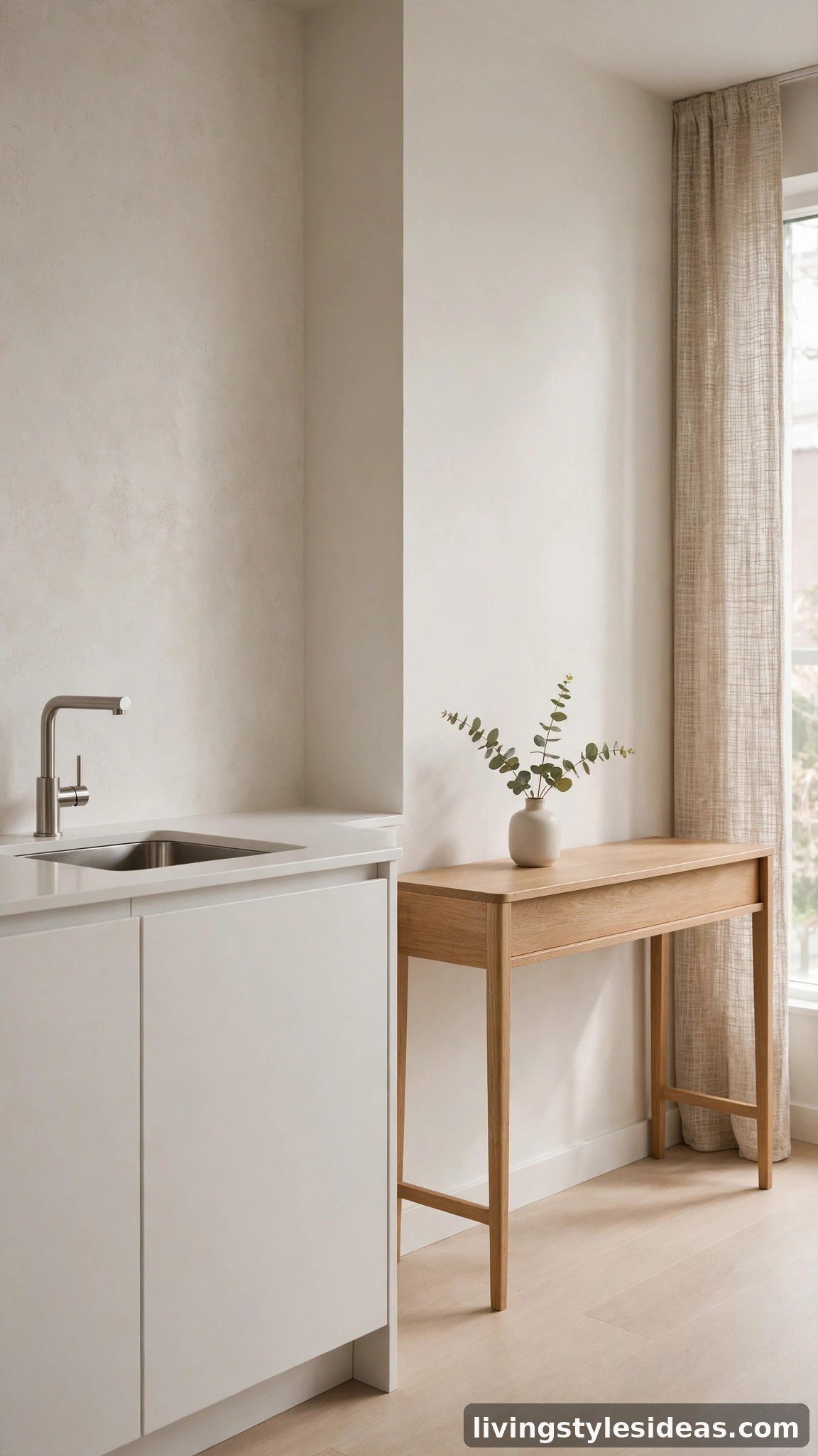 Studio kitchen counter and table with clear surfaces and one small vase