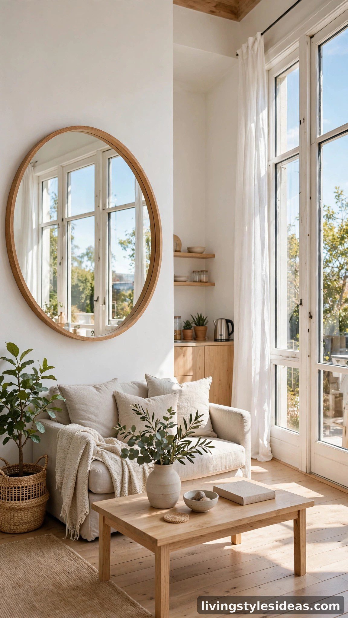 Large round mirror reflecting windows and doubling the light in a studio apartment