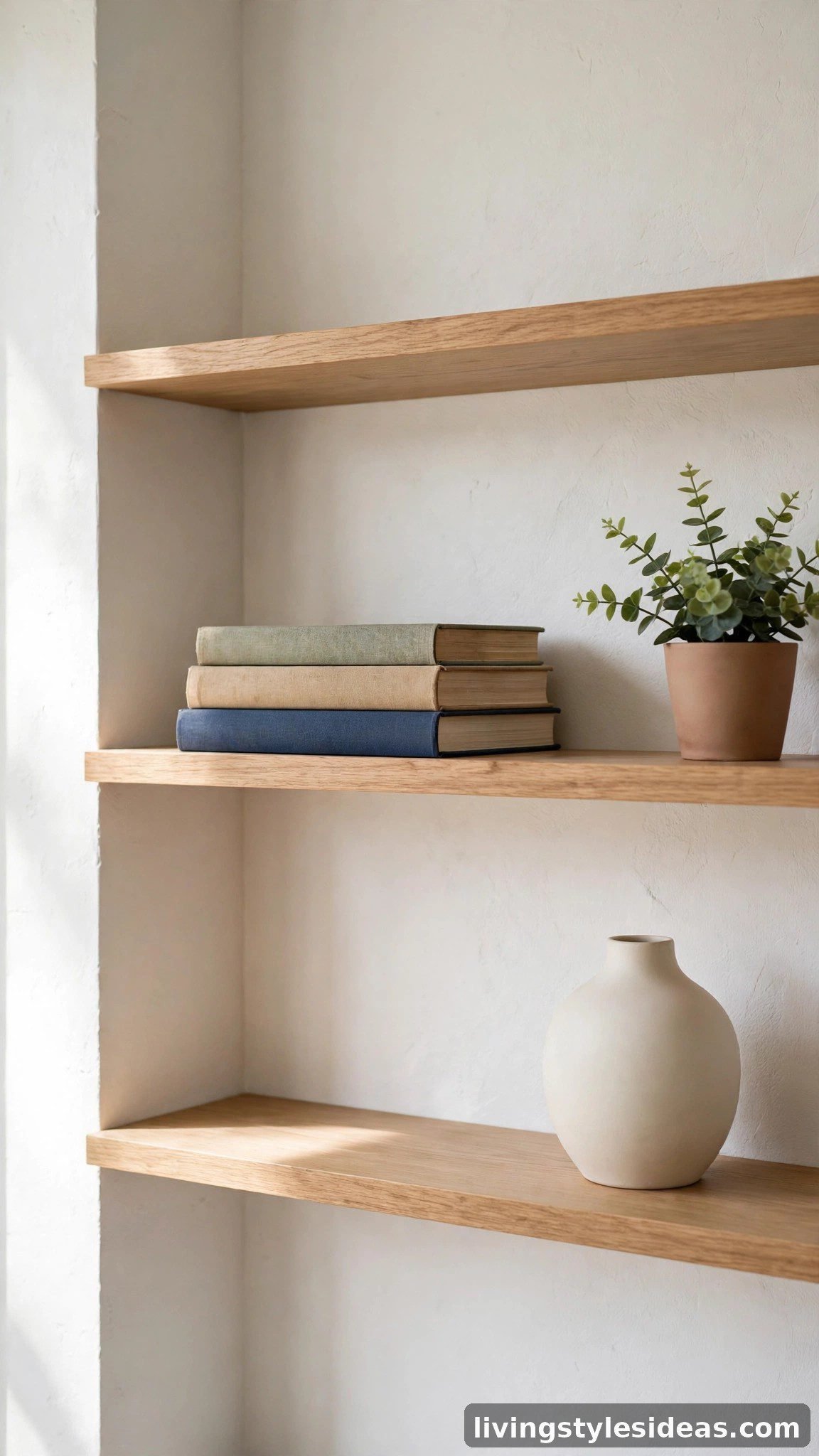 Curated open shelf with books, a plant and a vase in a studio apartment