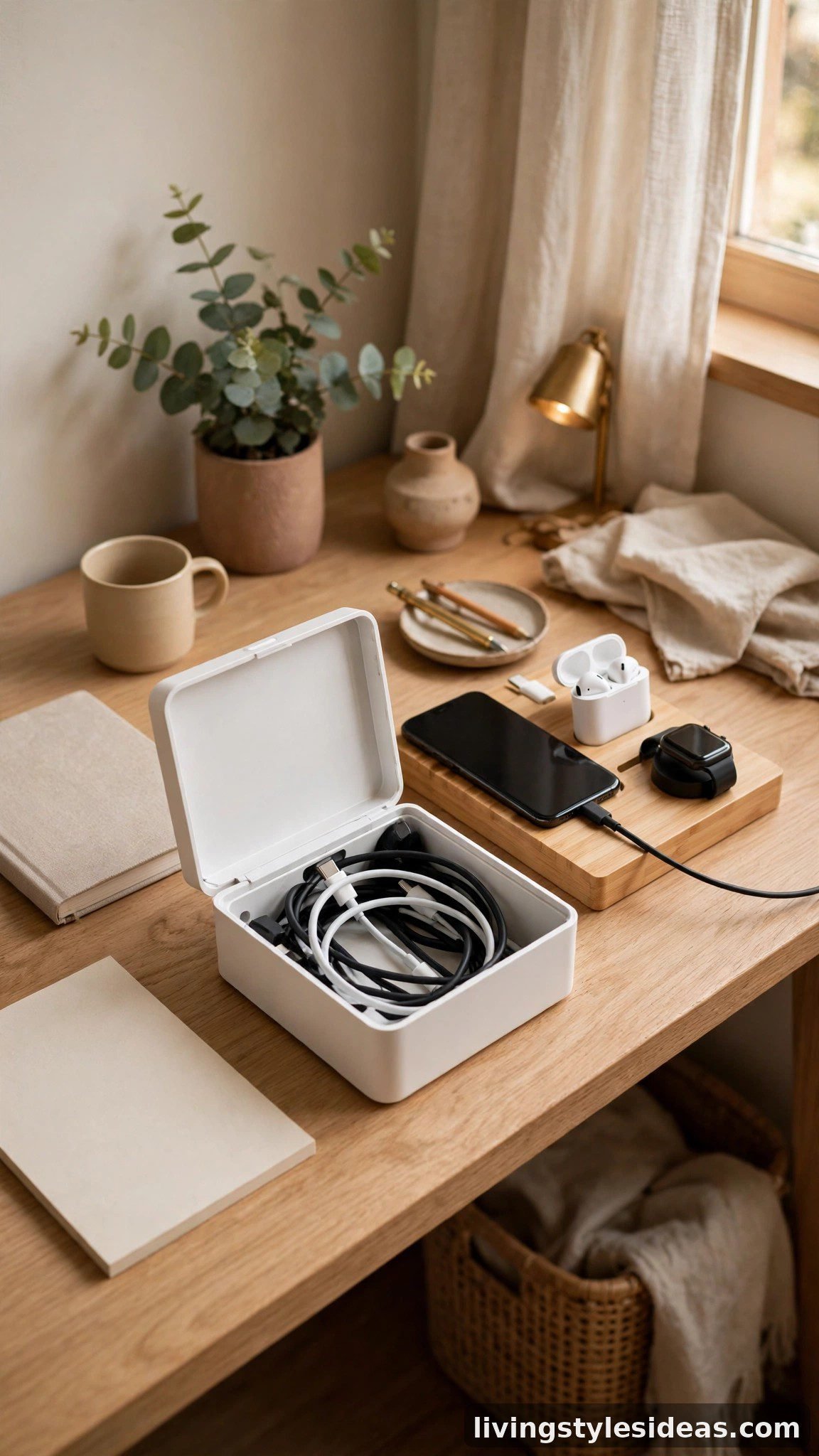 Tidy studio desk corner with hidden cord box and cable management