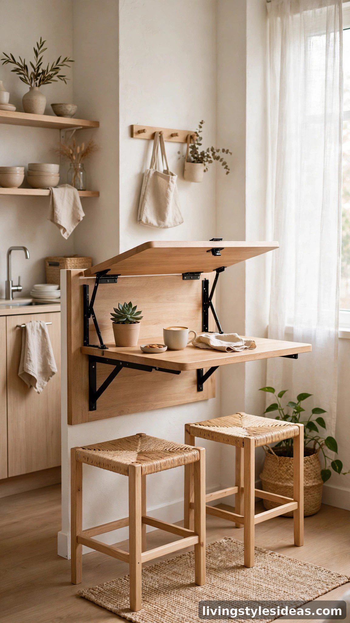 Fold-down wall-mounted table with stools in a studio dining corner