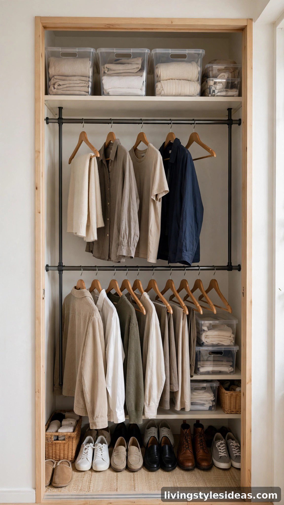 Organized small closet with matching hangers, bins and double hanging rod