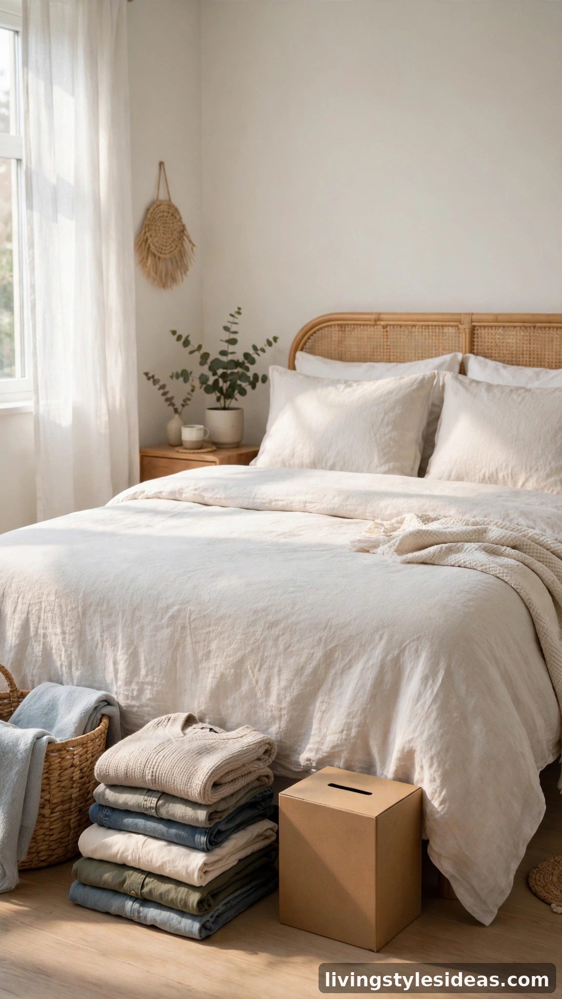 Tidy studio bedroom area with neatly made bed and a small donation box