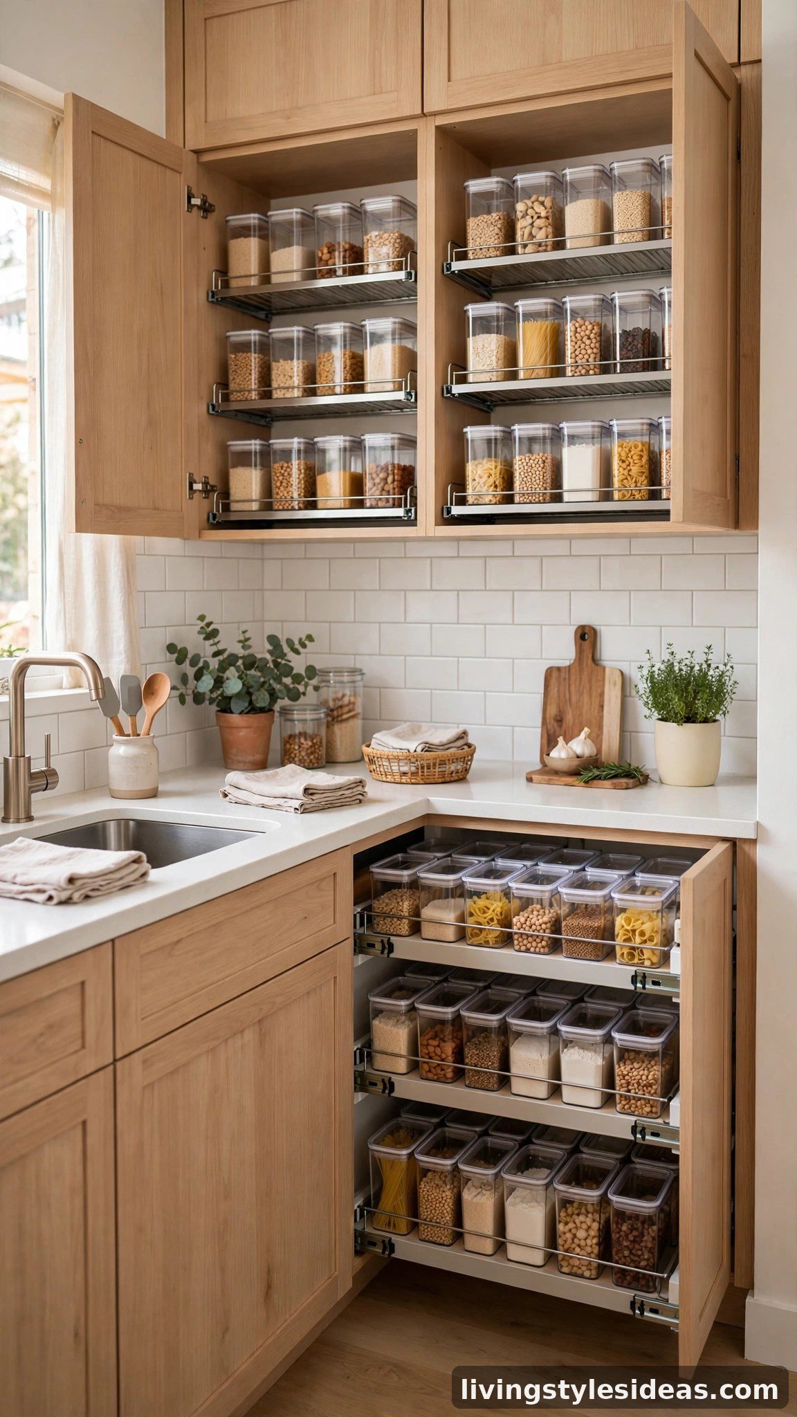 Compact studio kitchen with organizers, clear containers and pull-out pantry