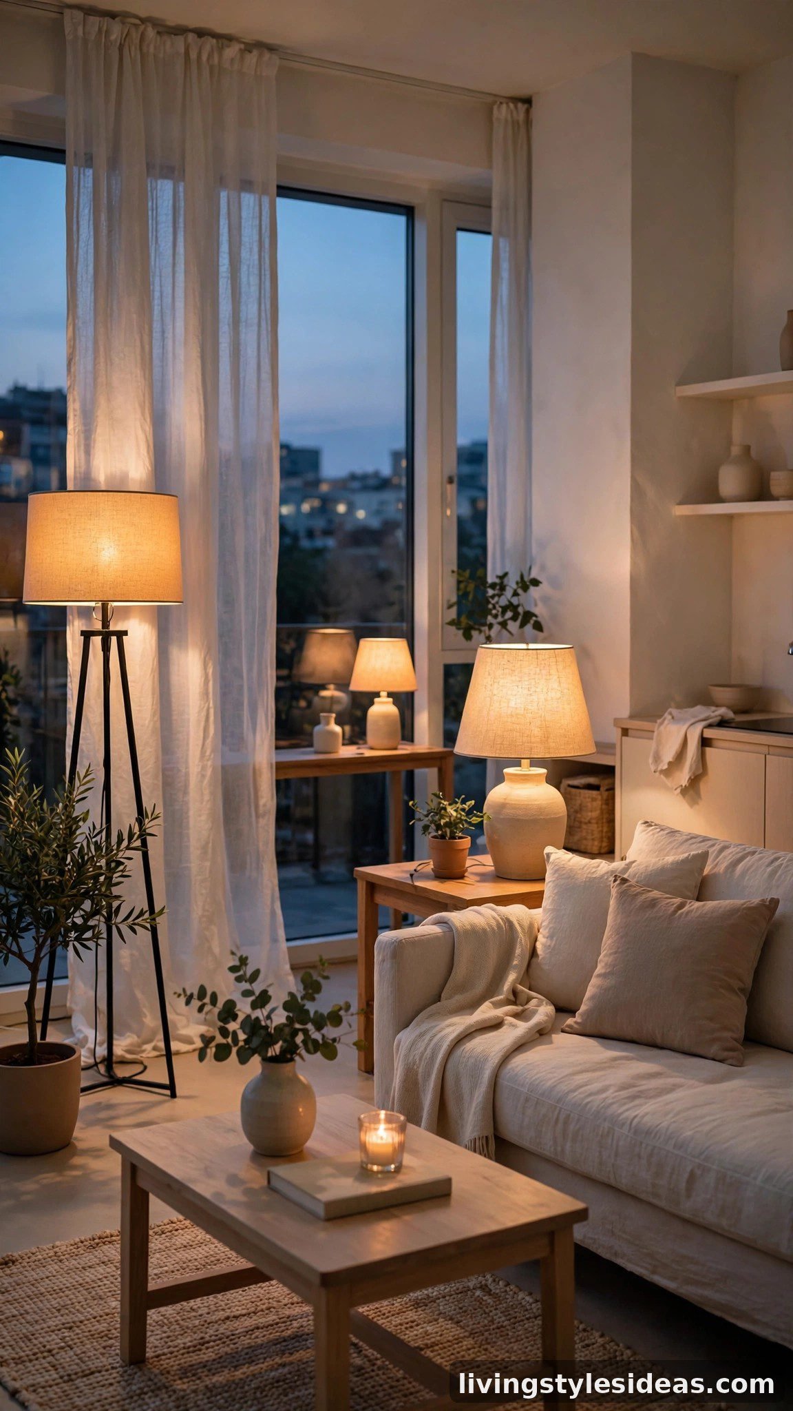 Studio apartment at dusk with layered warm lighting from lamps