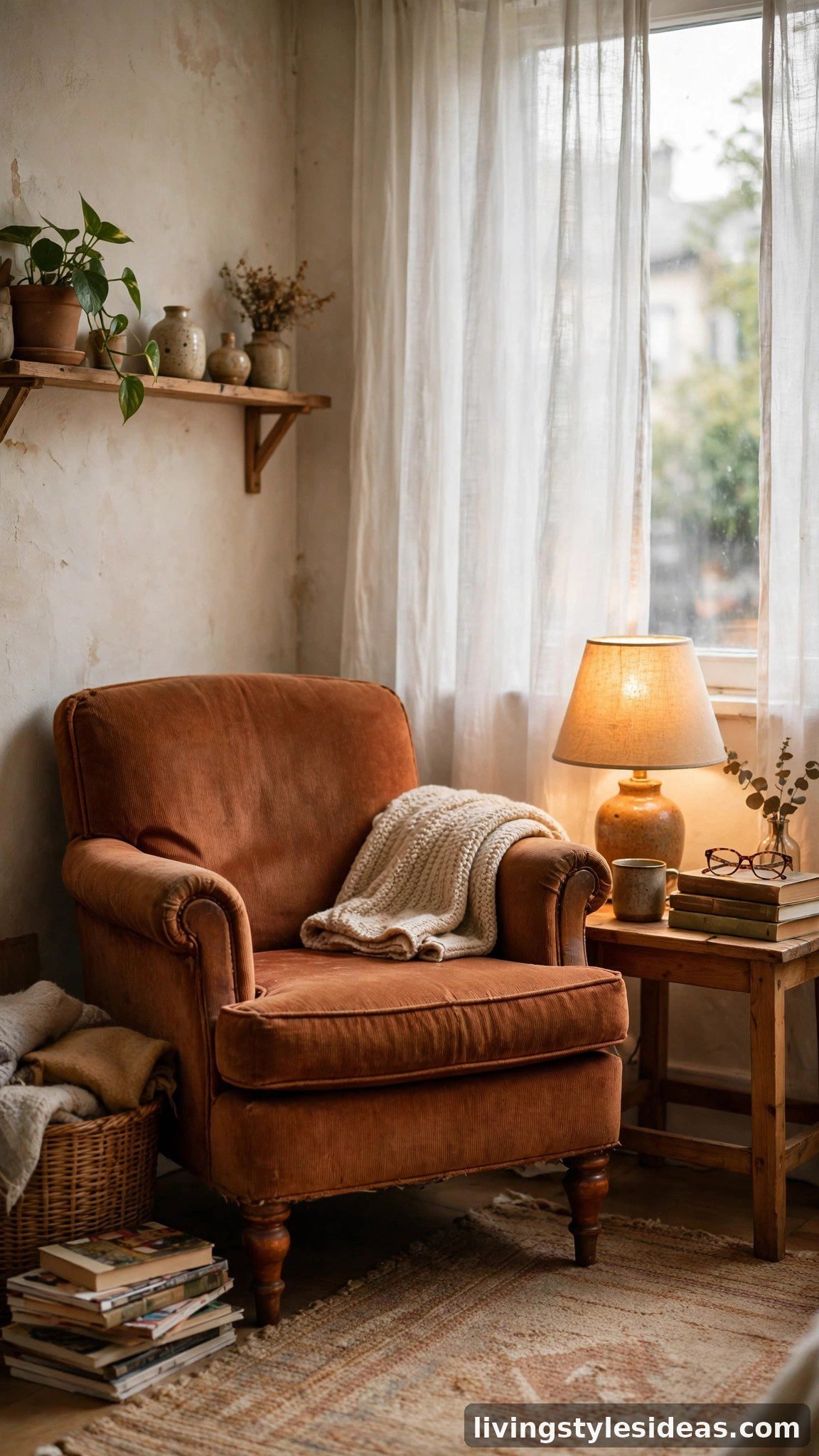 Thrifted armchair styled as a cozy reading corner in a budget studio apartment