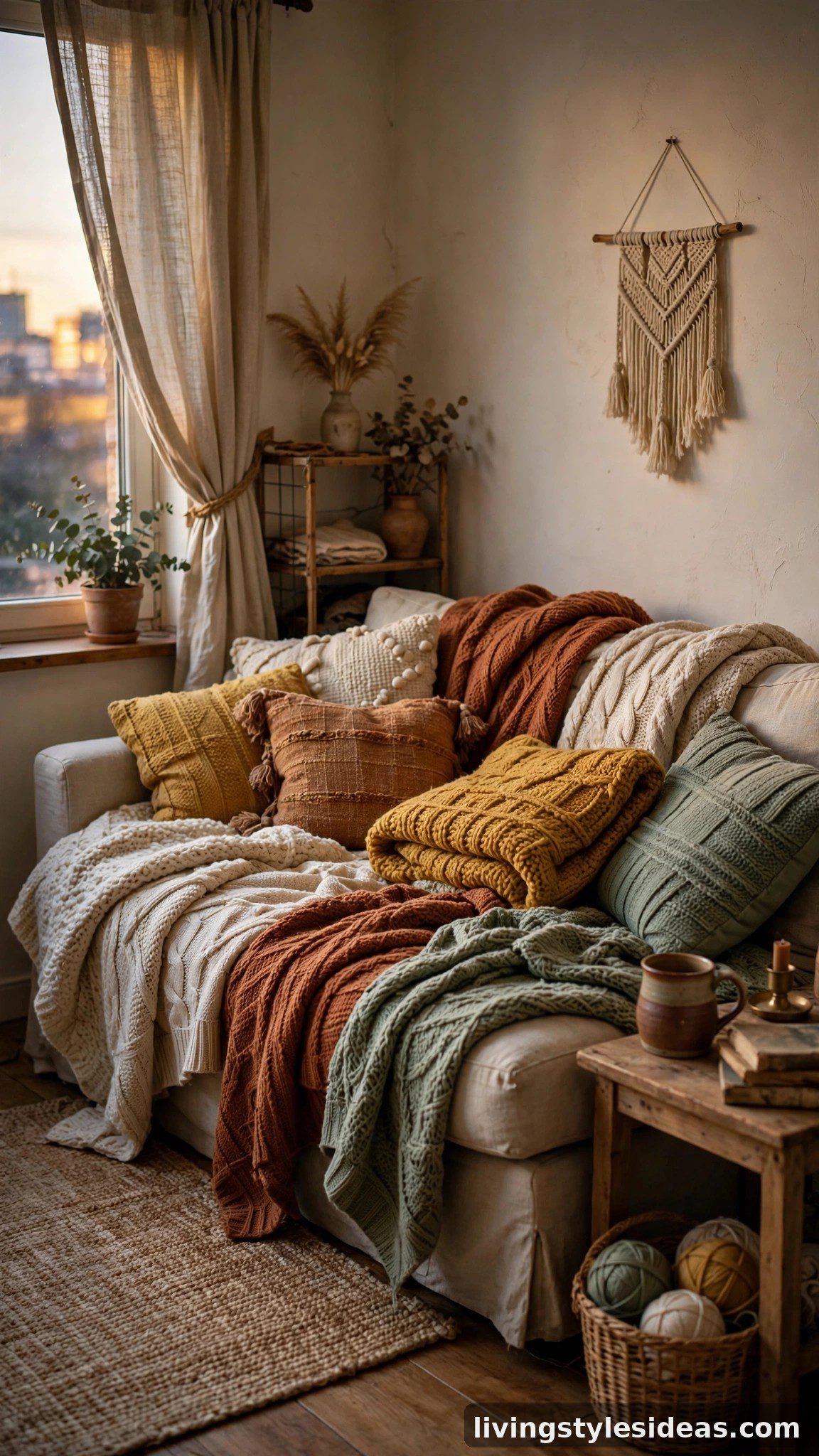 Layered thrifted throw blankets on a sofa in a cozy budget studio