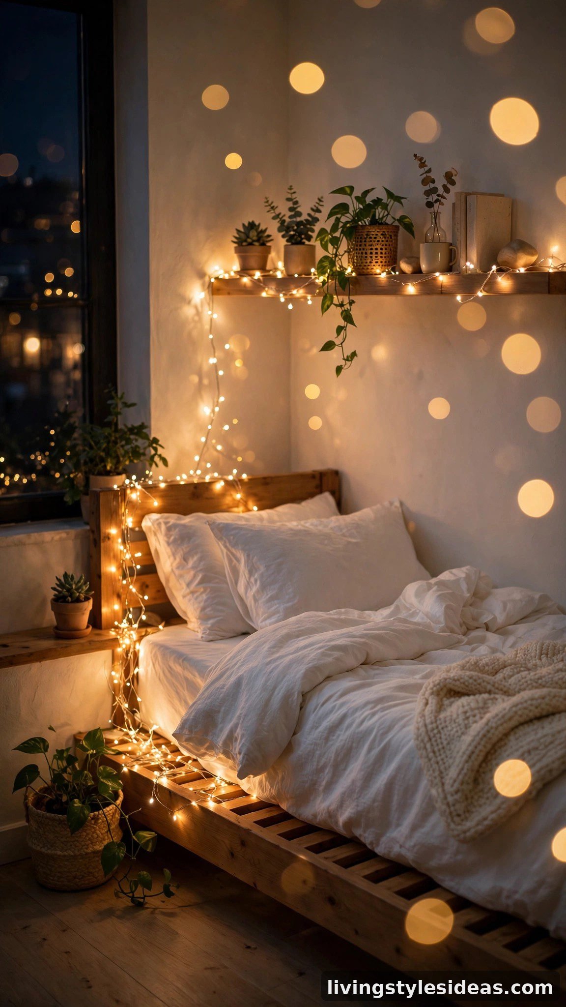 Warm fairy string lights glowing in a cozy small studio apartment at night