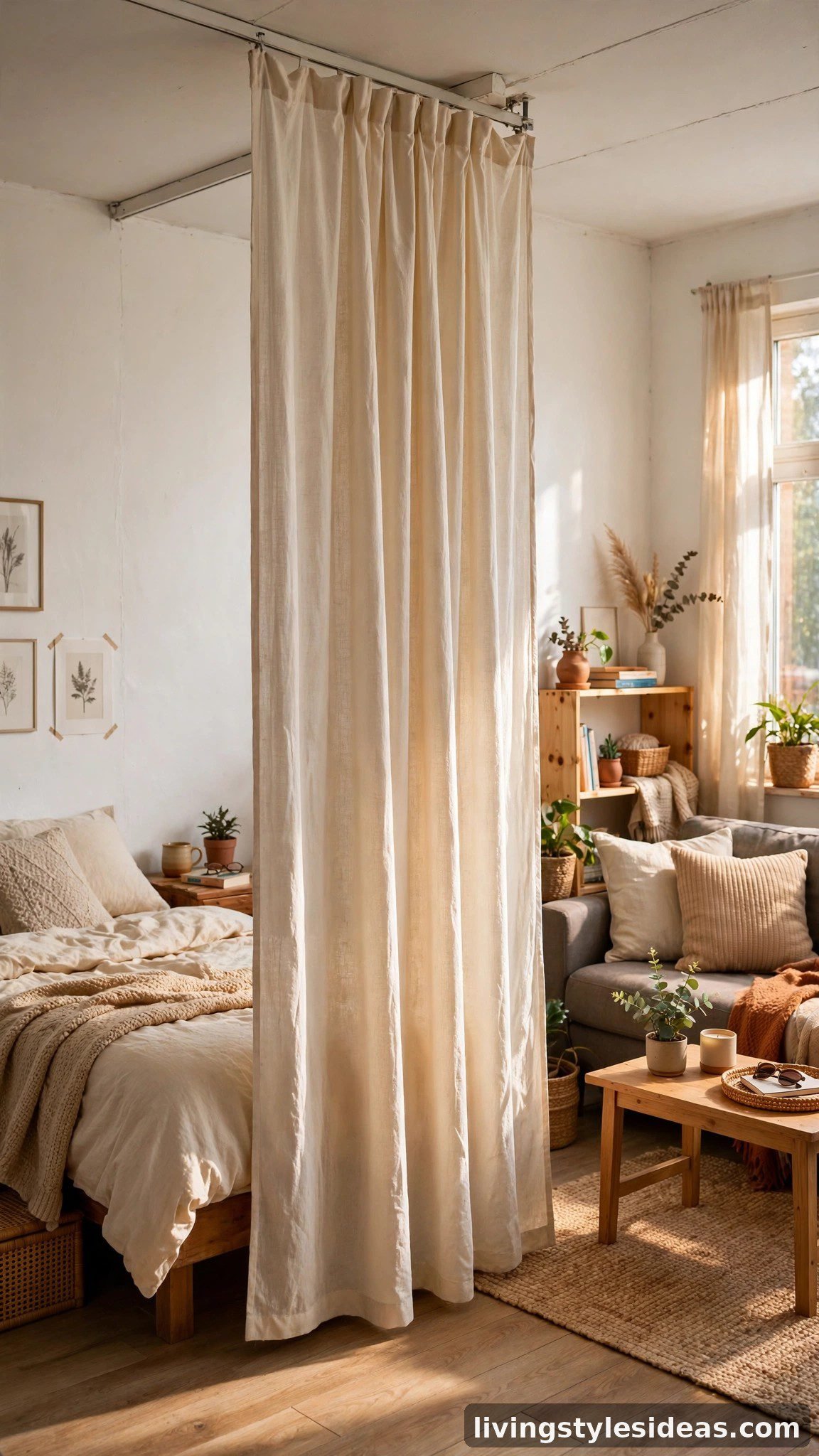 DIY curtain room divider separating bed and living area in a studio apartment