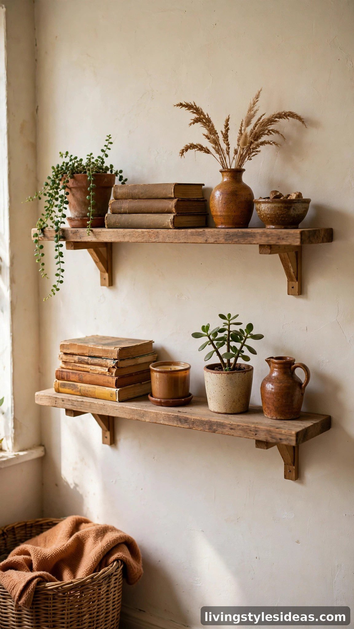 Open shelves styled with secondhand ceramics and books in a studio