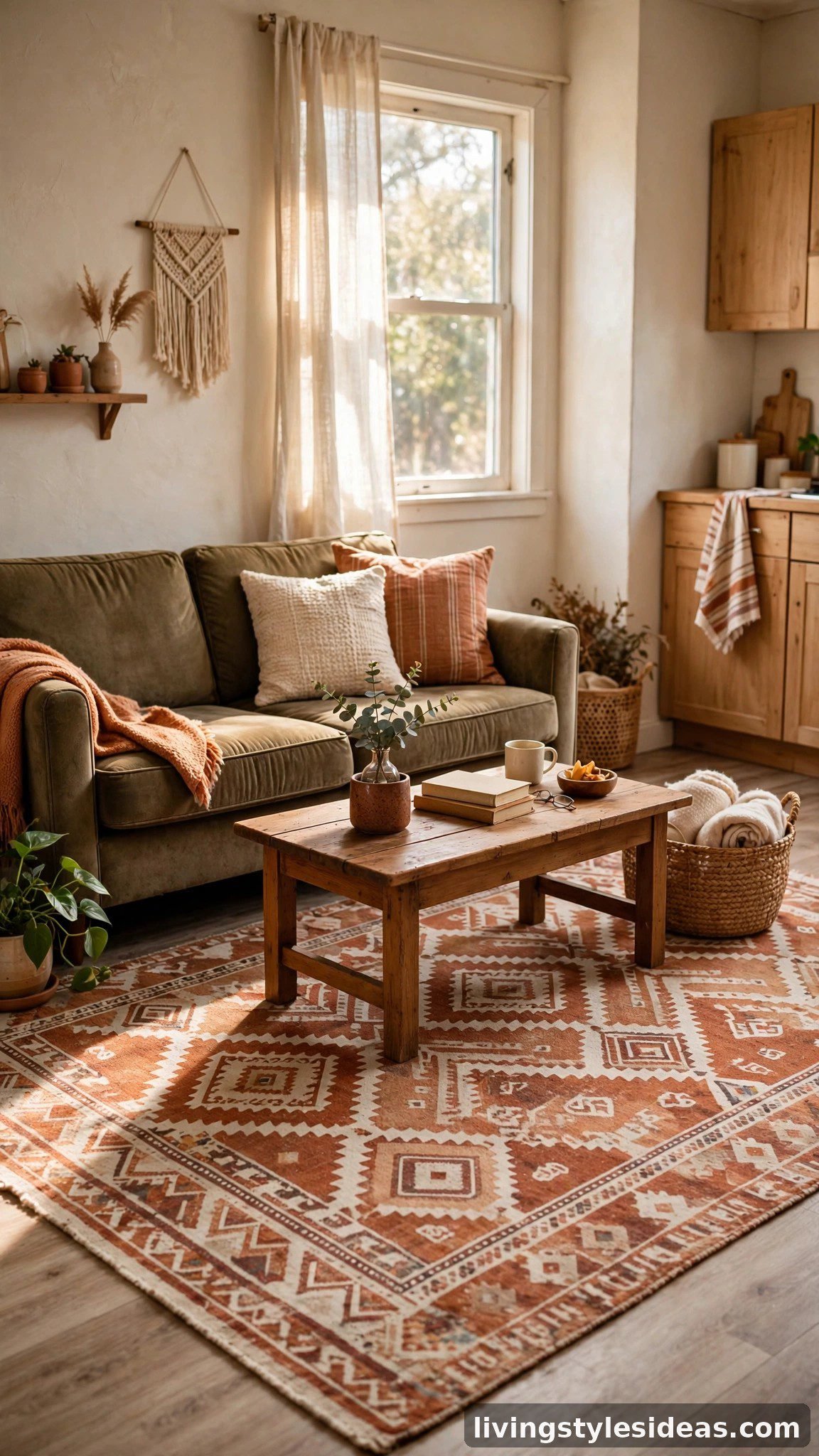 Affordable area rug anchoring the living zone of a cozy studio apartment