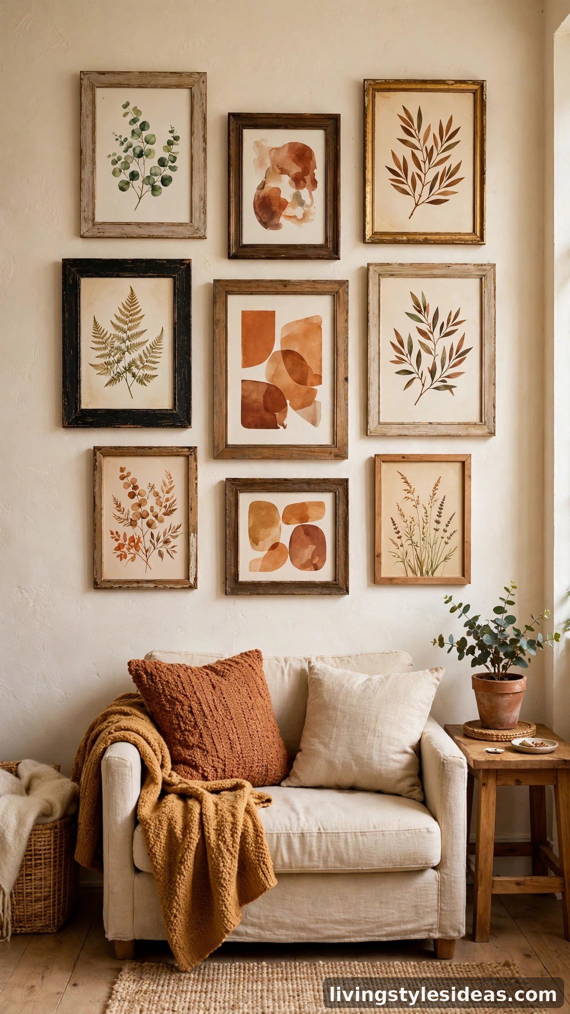 Gallery wall of free printable art in thrifted frames in a studio apartment