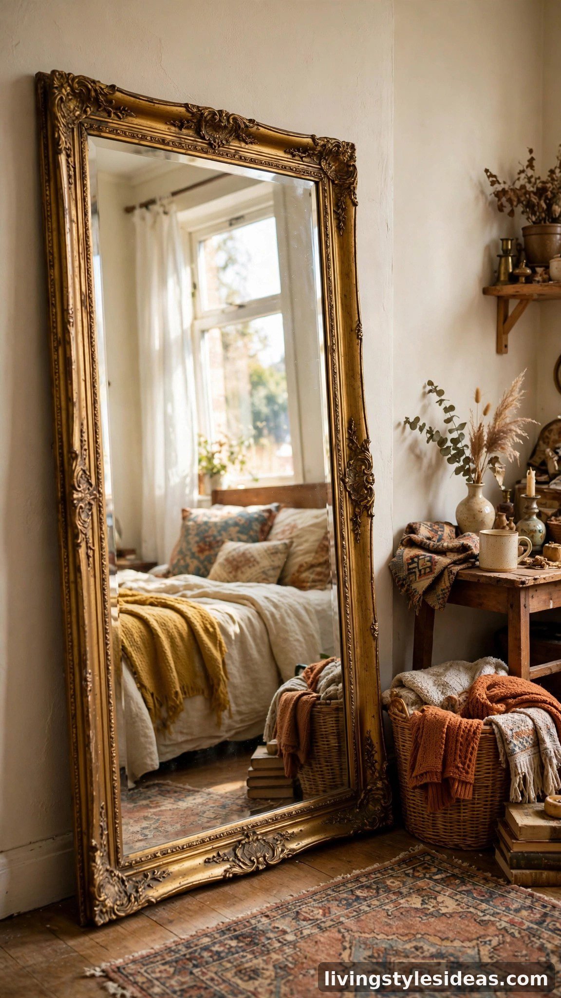 Large thrifted mirror bouncing light in a small cozy studio apartment