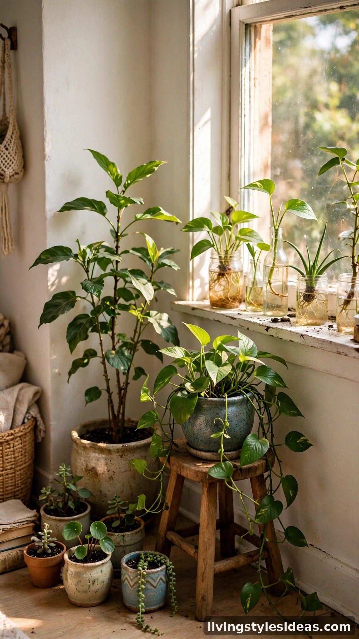 Budget-friendly houseplants in thrifted pots brightening a studio corner