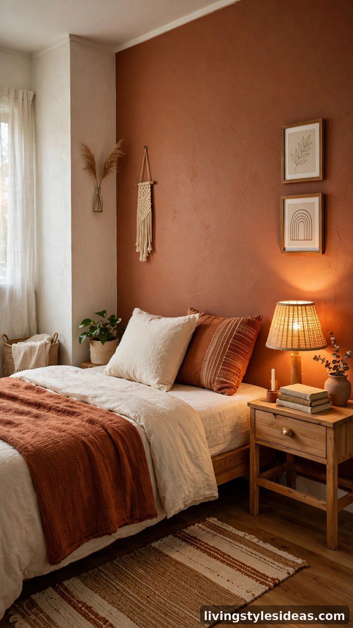 Warm renter-friendly accent wall behind the bed in a cozy studio apartment