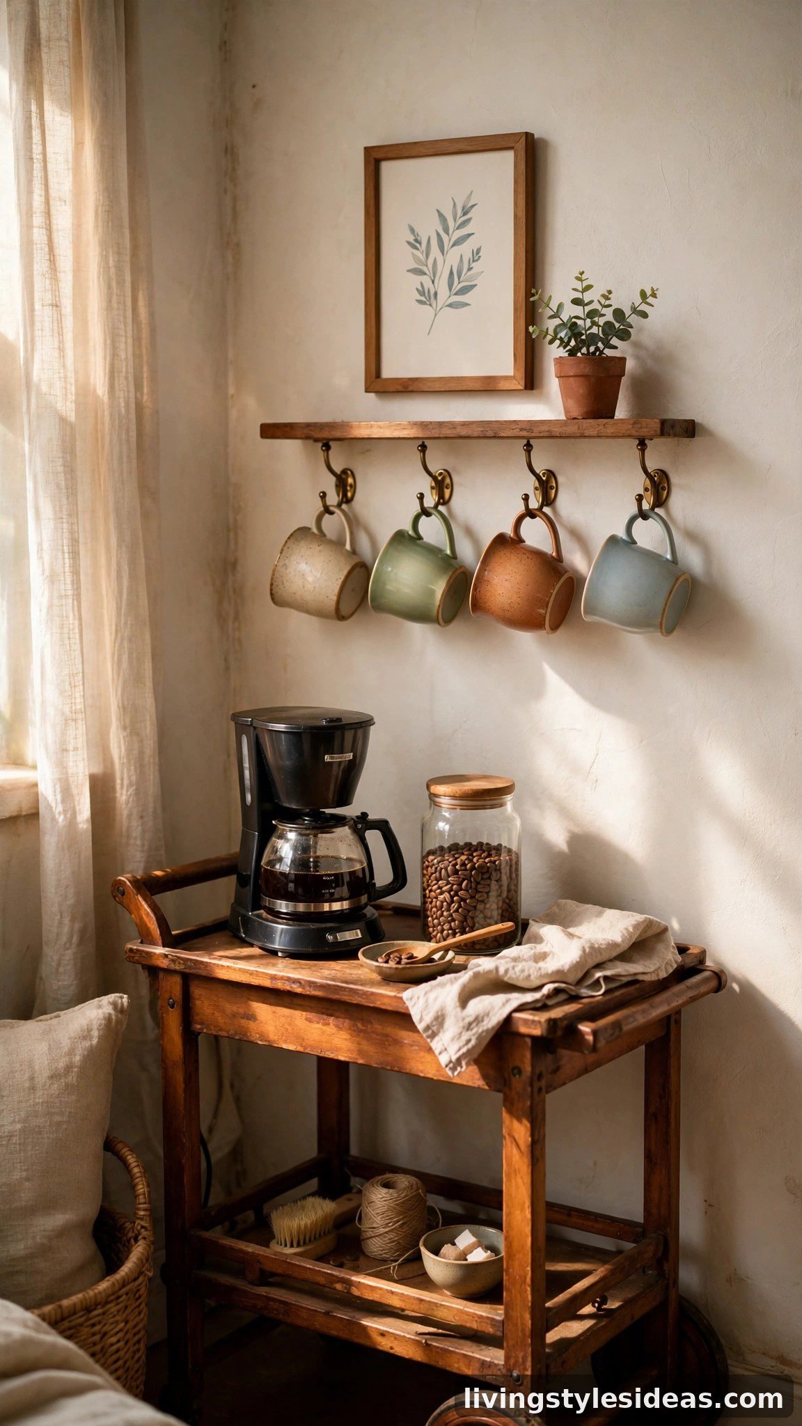 Tiny DIY coffee nook styled on a thrifted cart in a studio apartment