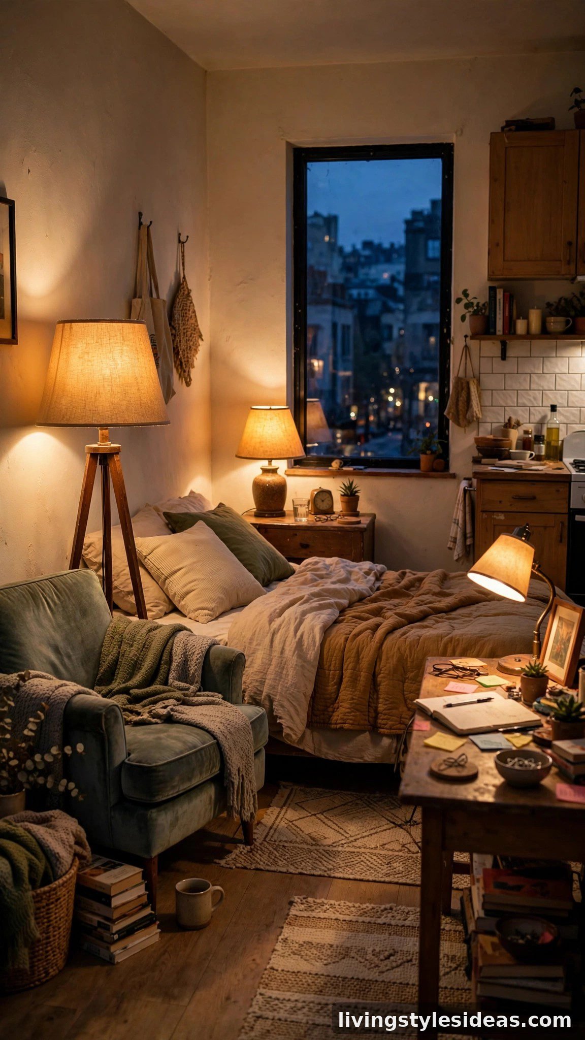 Warm thrifted lamps layering cozy light in a budget studio apartment