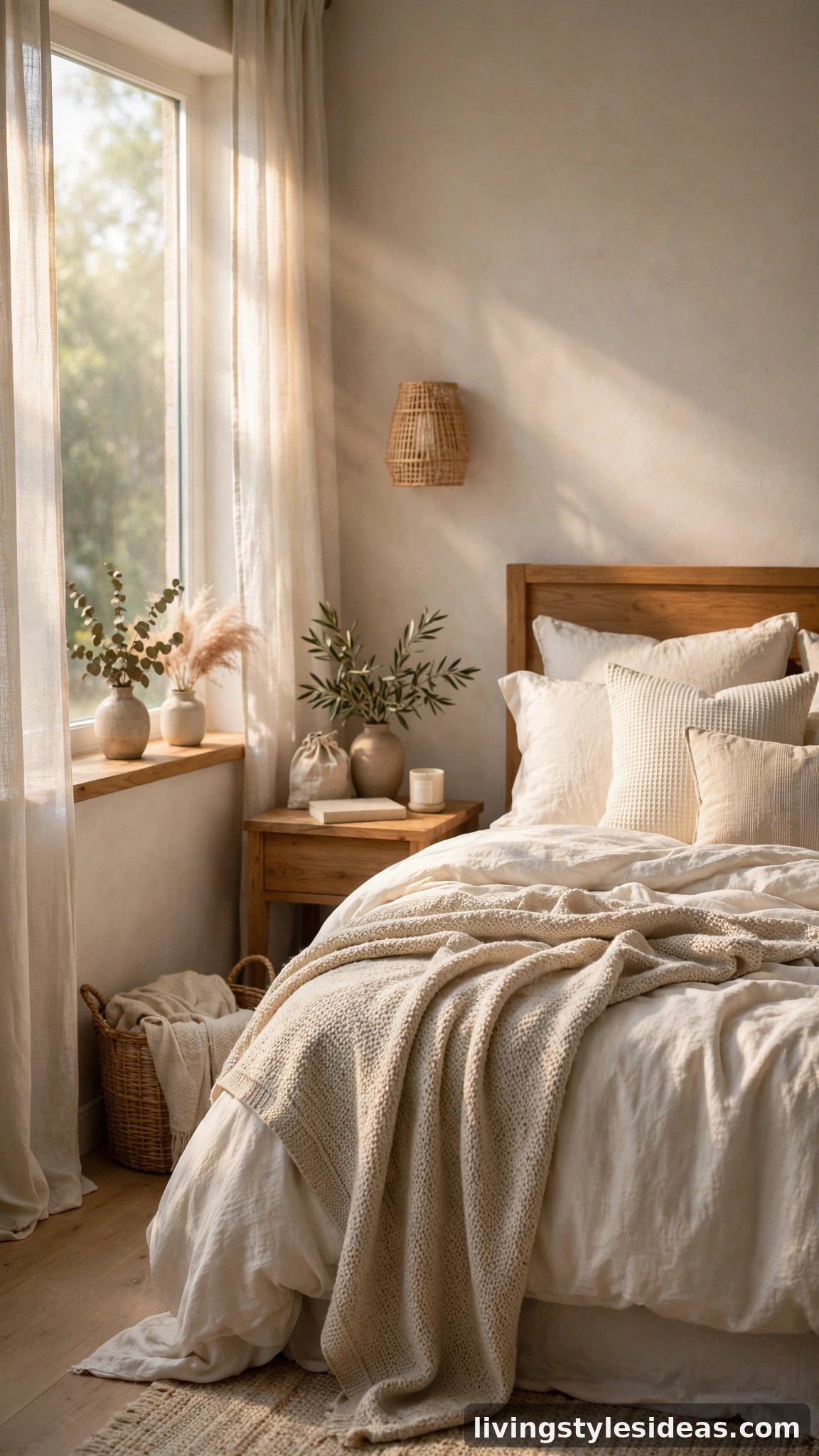Cozy studio bedroom layered in warm white and cream bedding