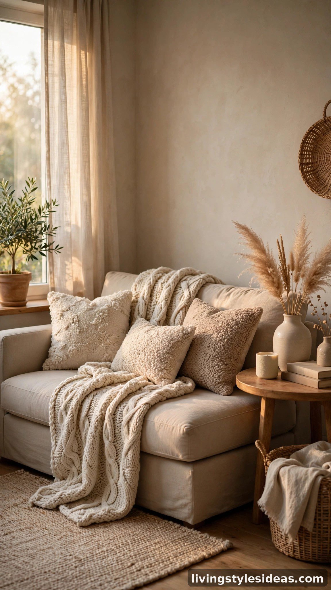 Chunky knit throw and boucle pillows on a beige studio sofa