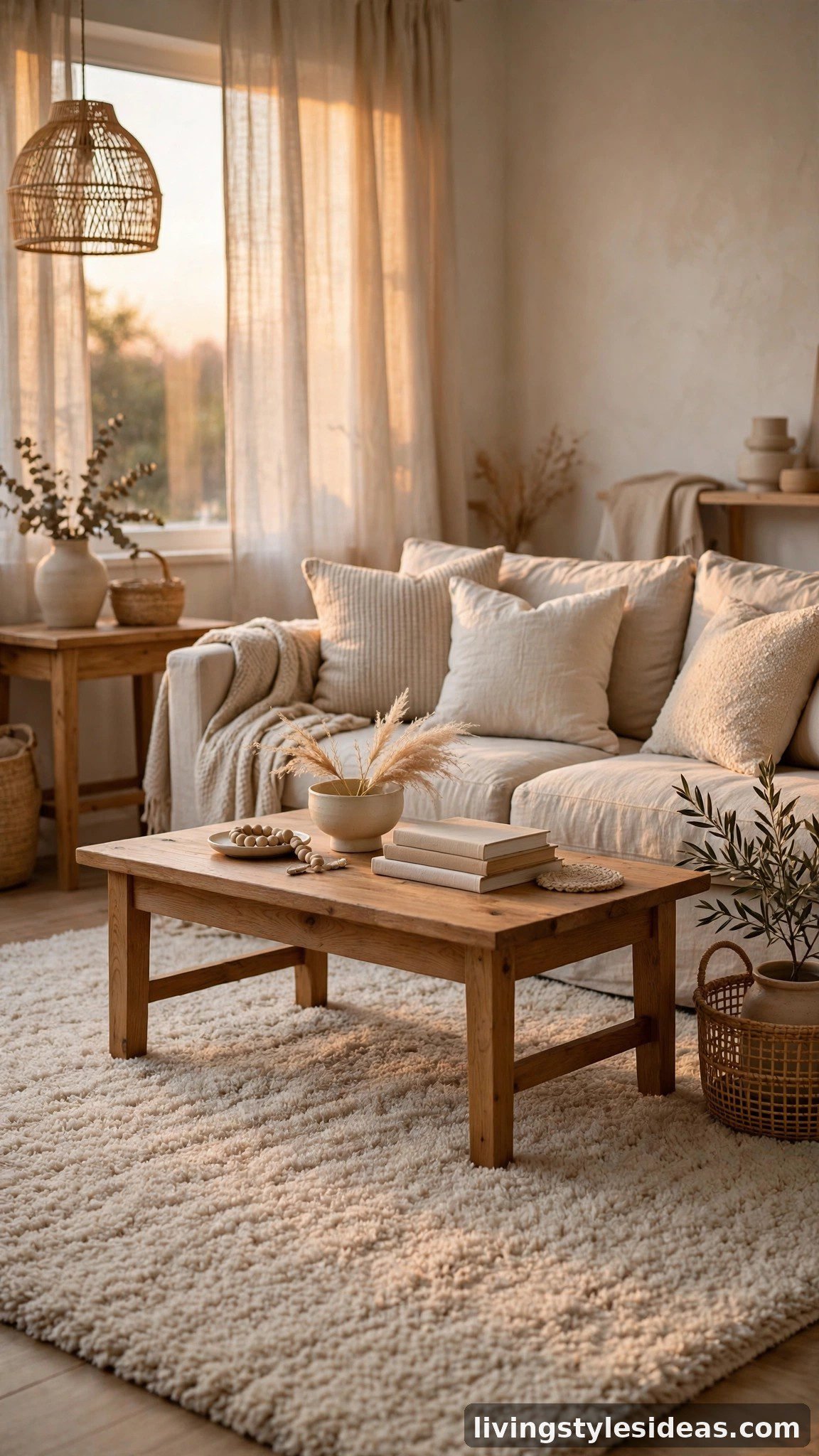 Soft beige area rug grounding a cozy neutral studio living area