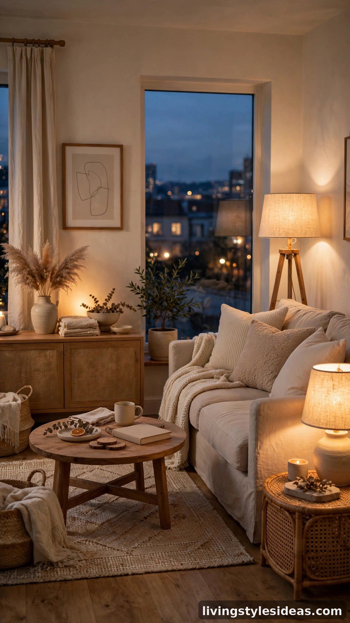 Warm table lamps glowing in a cozy neutral studio apartment at dusk