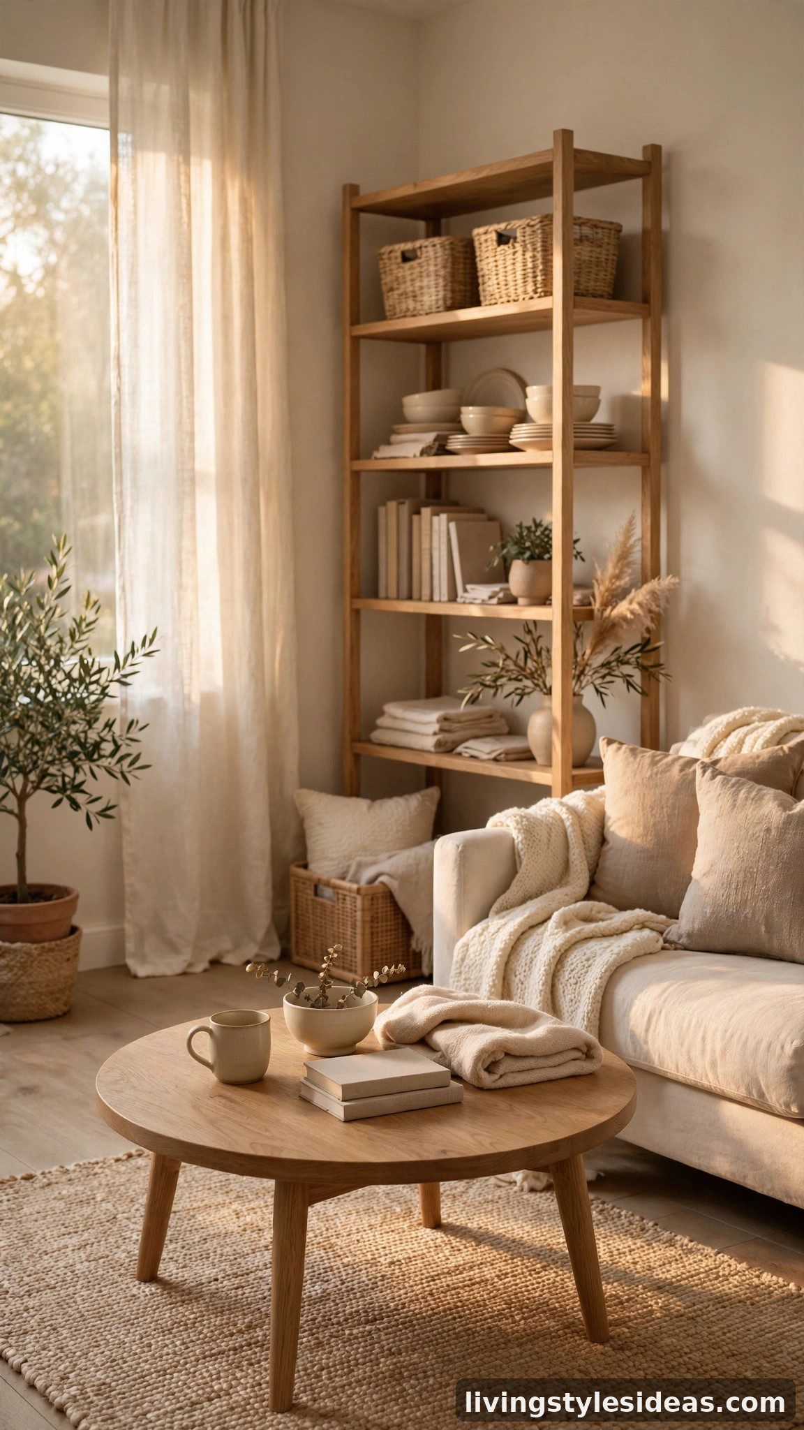 Natural wood furniture warming up a neutral studio apartment