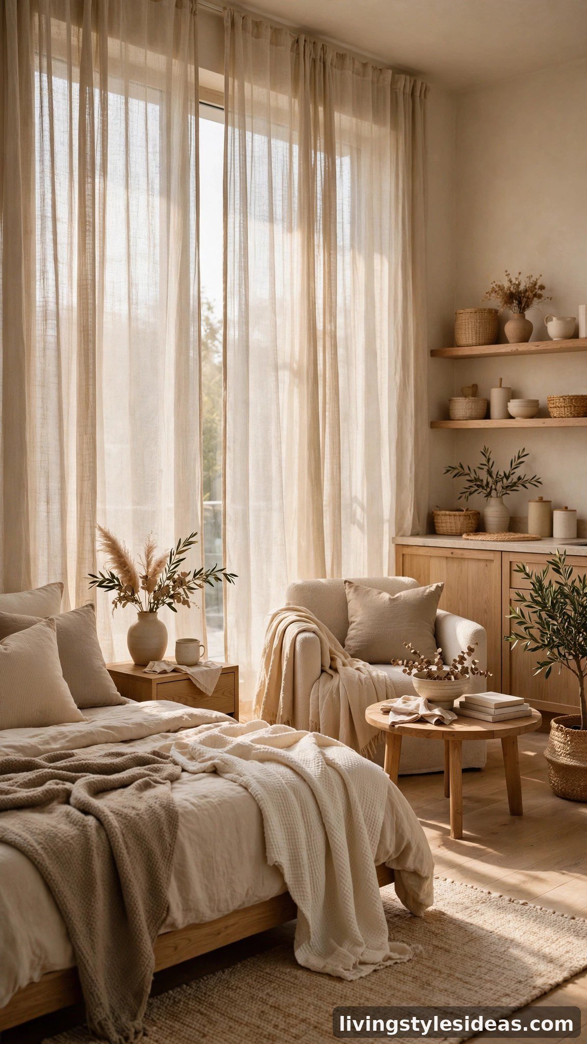 Sheer linen curtains softening light in a cozy beige studio