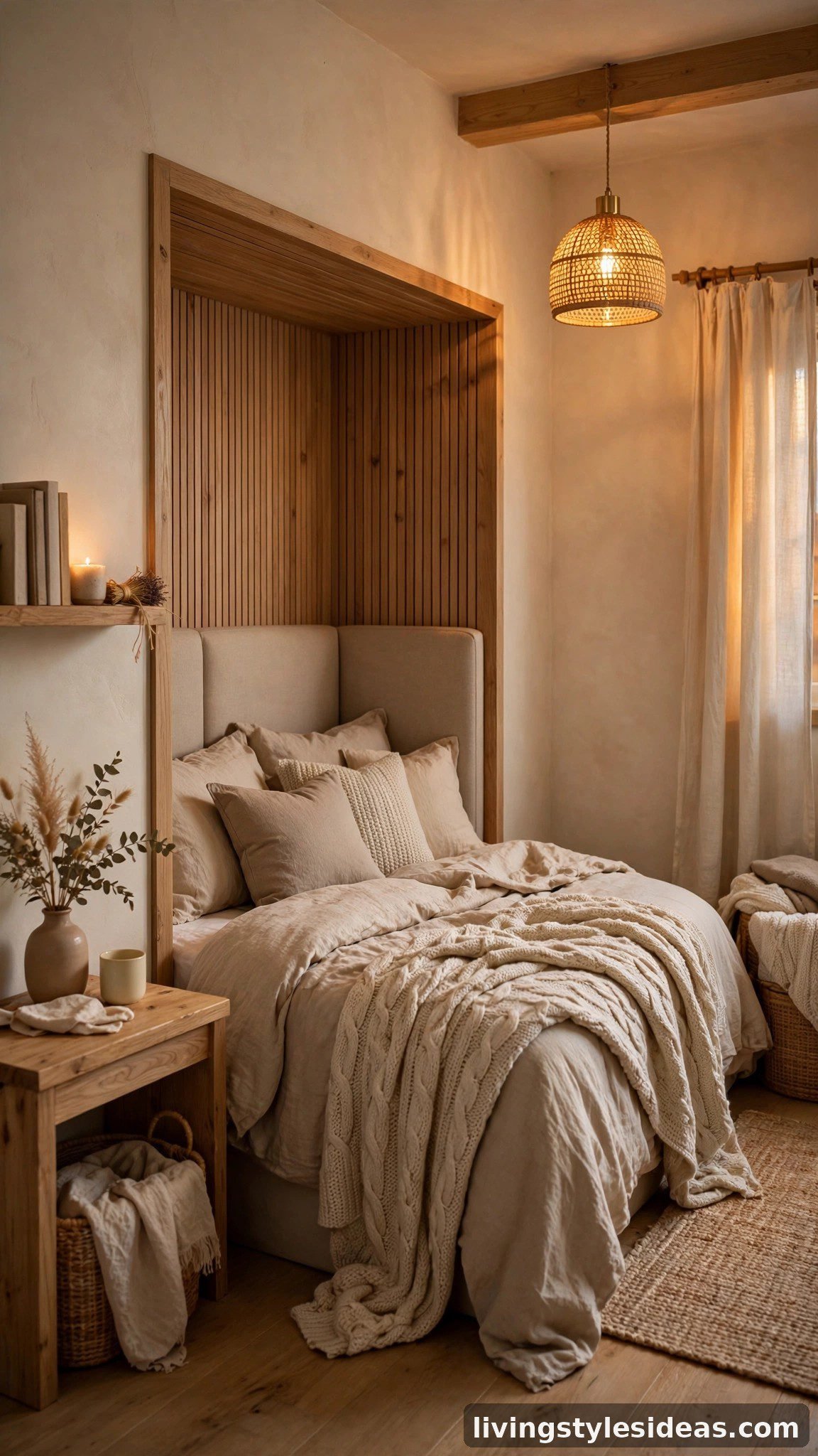 Cozy bed nook with beige linens in a small studio apartment