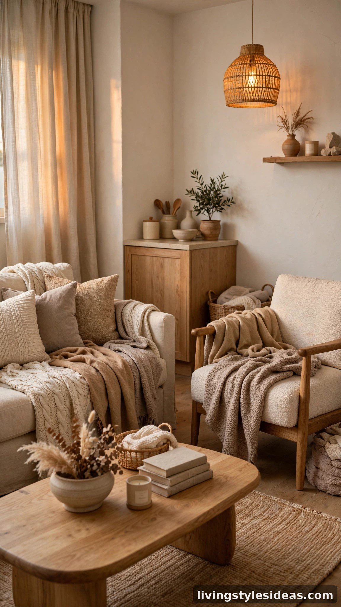 Layered throw blankets on a neutral studio sofa and chair