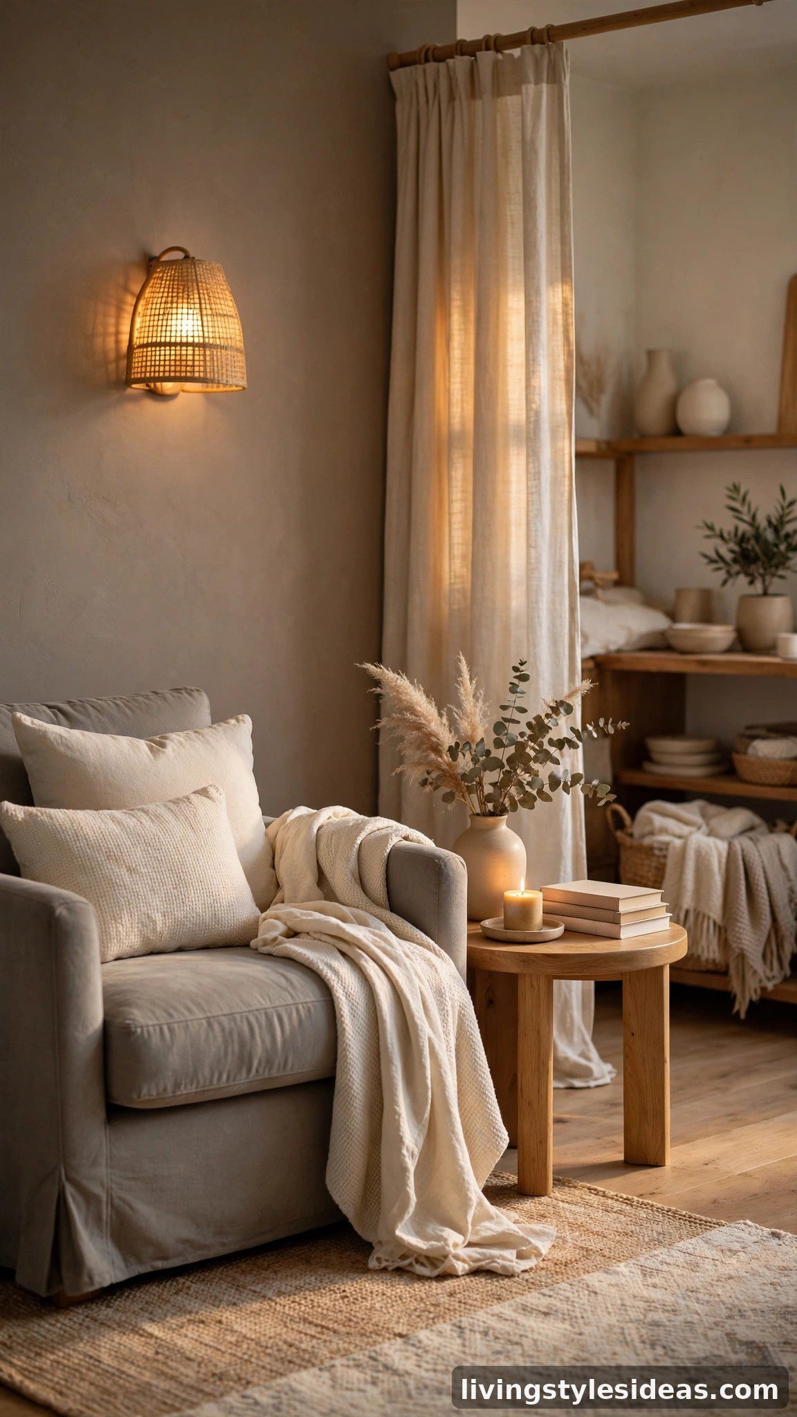 Taupe and greige tones adding depth to a cozy studio living corner