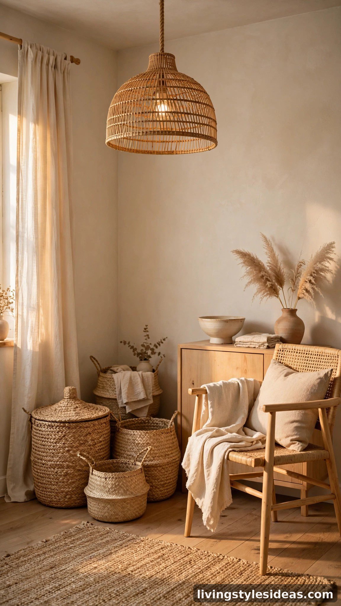 Woven baskets and jute accents in a warm neutral studio