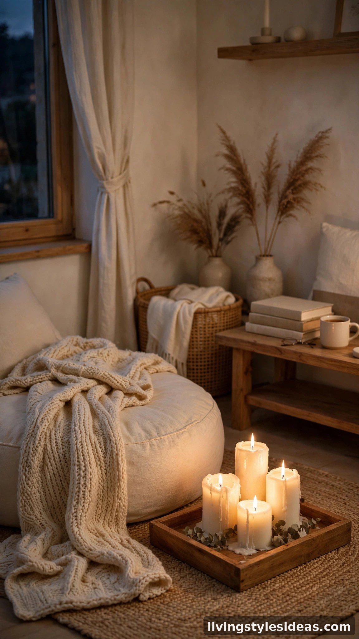Candles glowing in a cozy neutral studio reading corner