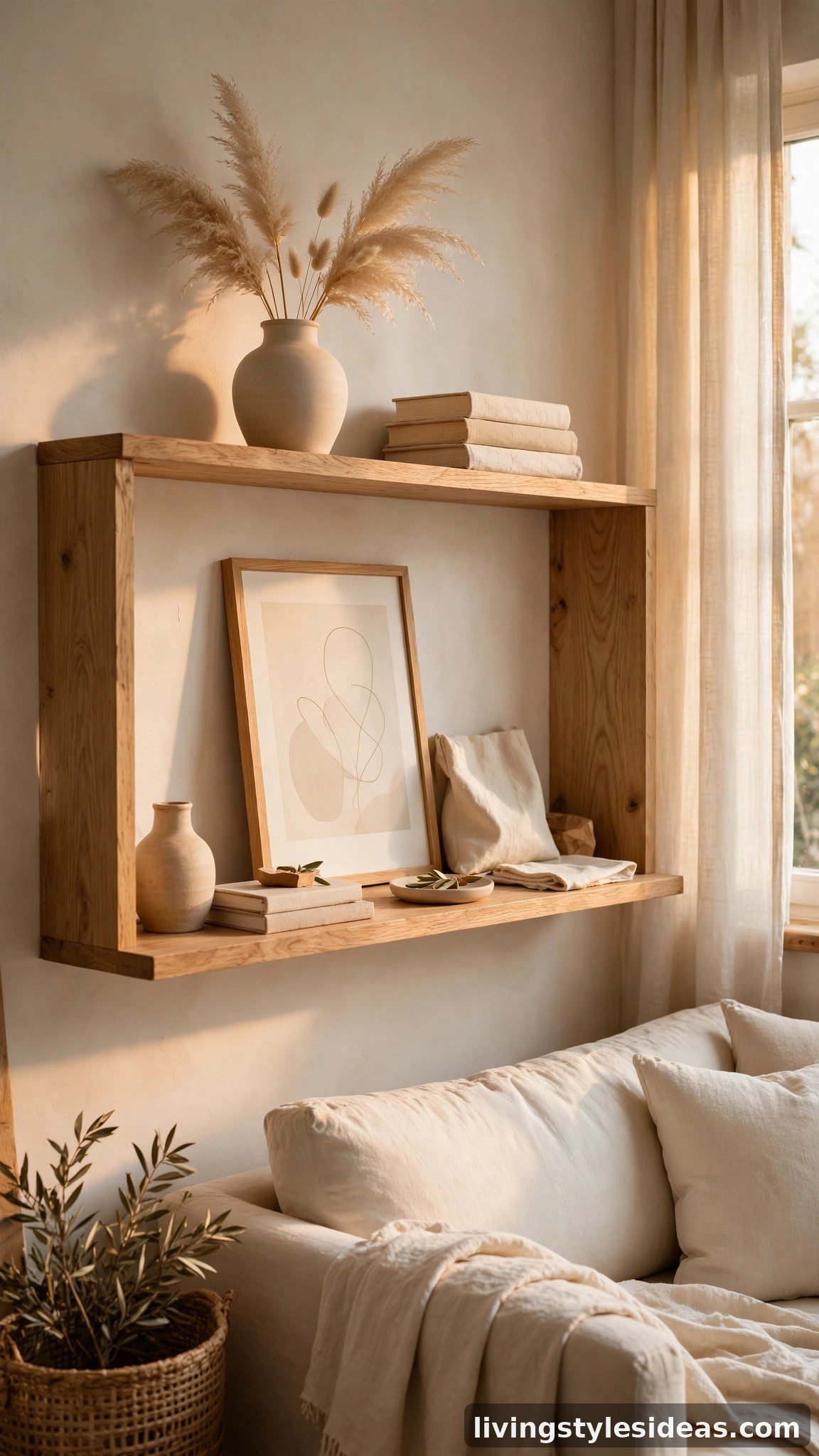 Minimal neutral decor styled on shelves in a cozy studio apartment