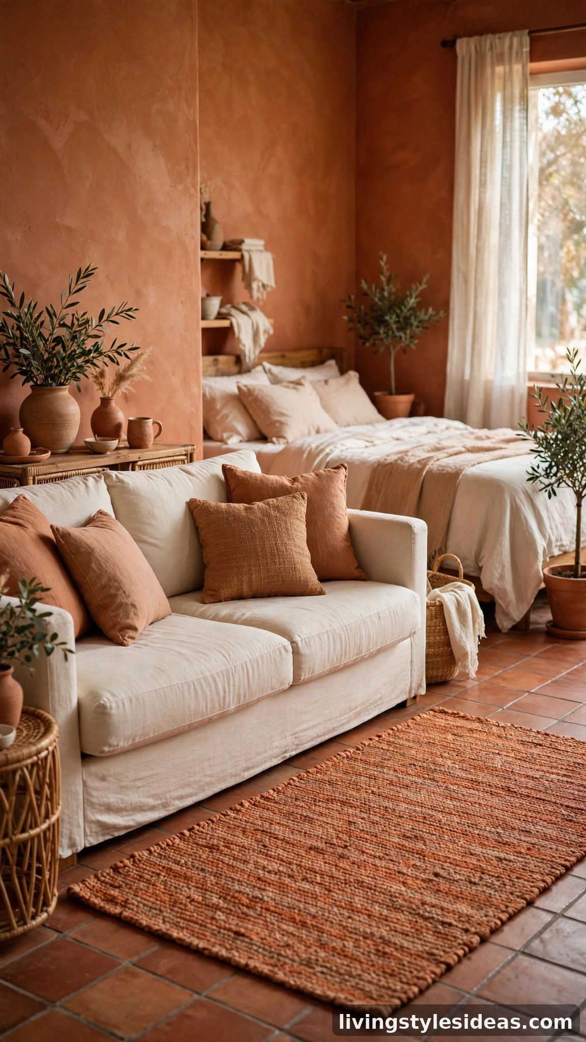 Cozy studio apartment with a soft terracotta foundation color on a large rug and cushions